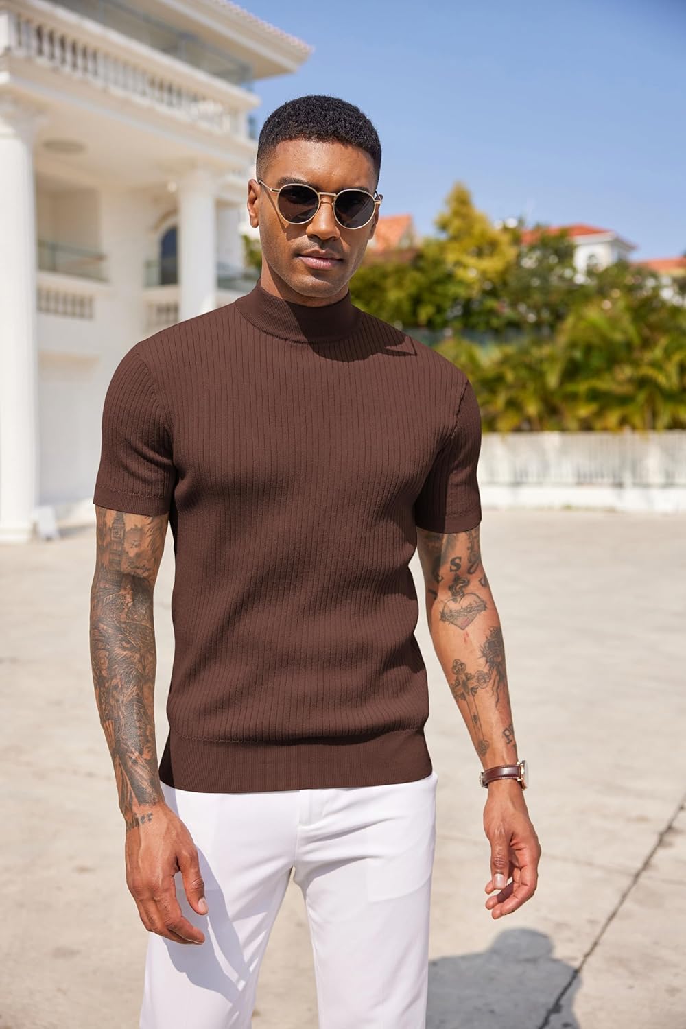COOFANDY Men's Mock Turtleneck Sweater Short Sleeve Casual Basic Tops Ribbed Knit Pullover Solid Tee - Image 3