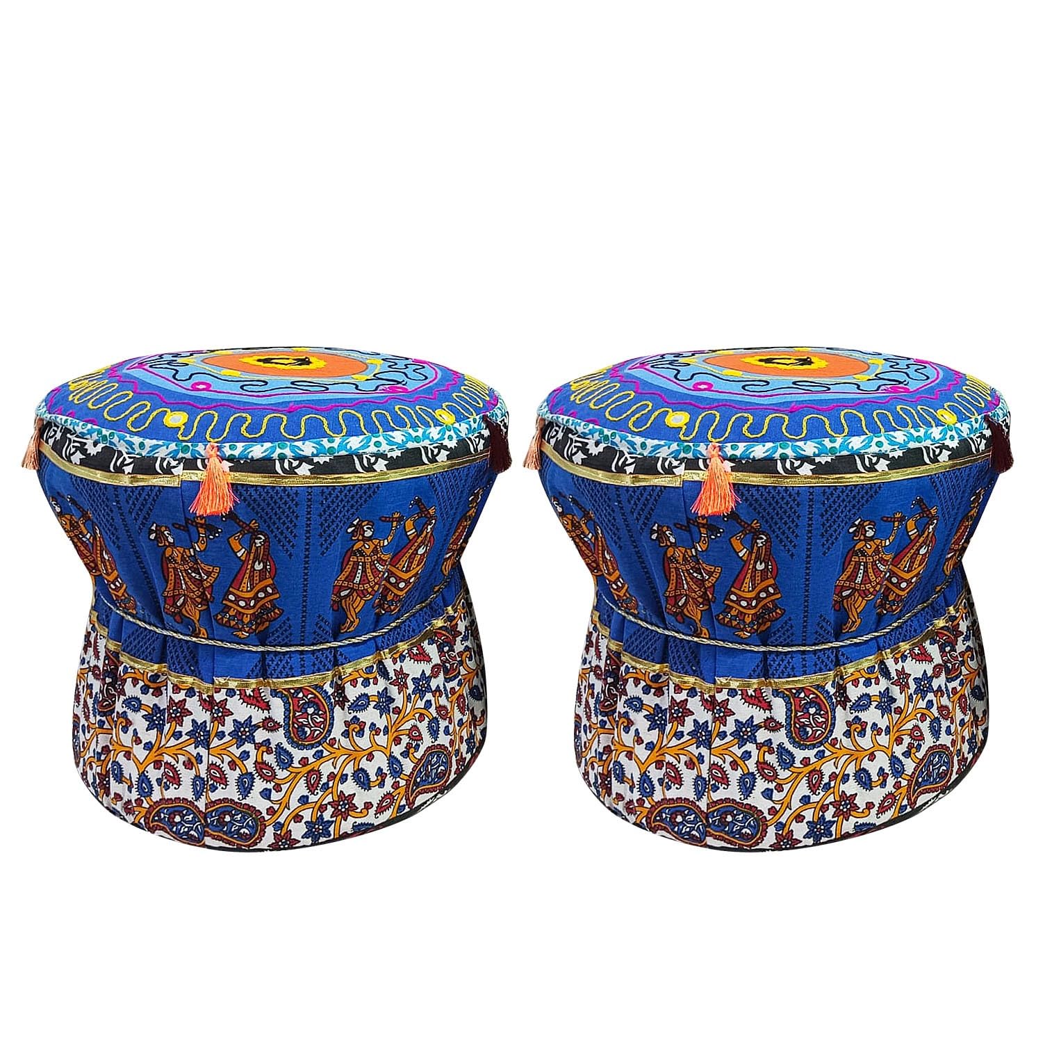 jagdmba handicrafts Set of Two Footstool Bamboo Cover Multi Colour Mudda Ottoman Pouffe Cover Set of 2 Pieces Size 17x18 Inches-image-16