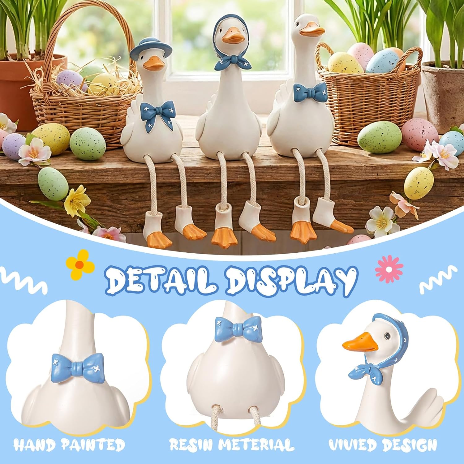 Yookeer 3 Pcs Shelf Sitters with Dangling Legs, 7 Inch Little Resin Goose Family Figurines, Decorative Geese for Home Decor Office Desk Table Decor, Gift for Mothers, Teachers, Friends