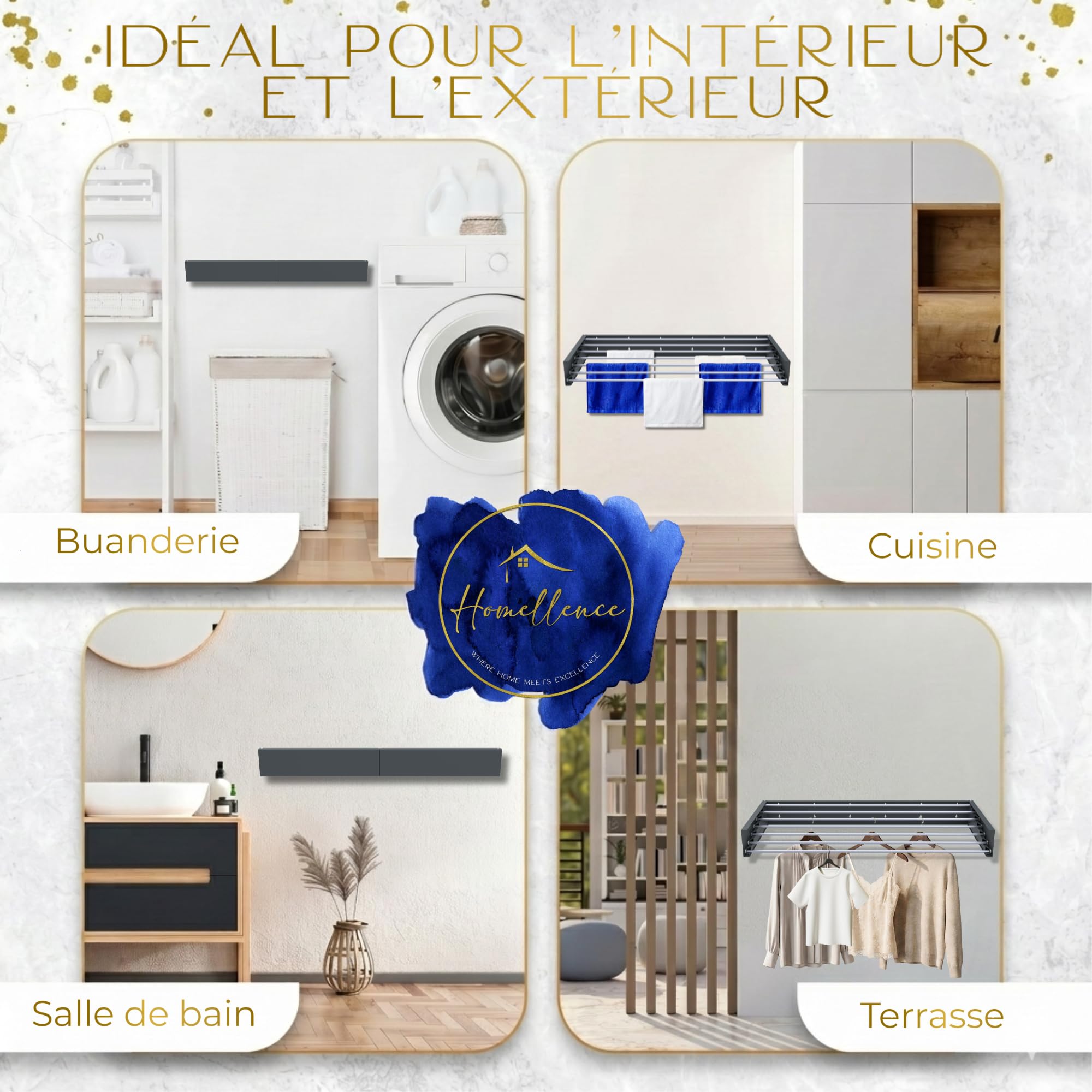 Homellence Étendoir à linge mural élégant - Étendoir mural pliant et rétractable - Étendoir mural escamotable gain de place - Étendoir mural rétractable (120 cm, Anthracite)