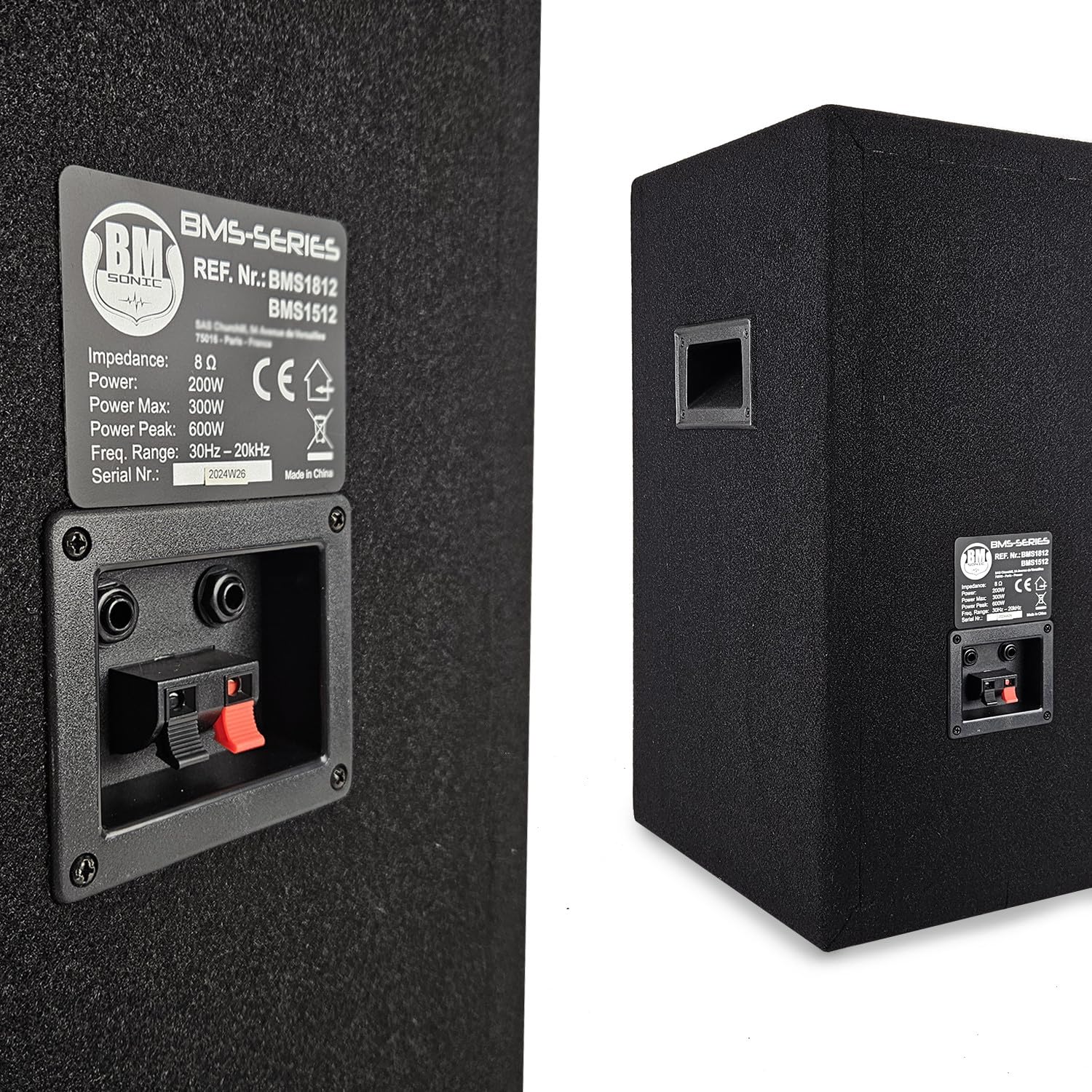 Paire d'enceintes Passives BM Bmsonic BMS12-2 x600W Peak, 1200W Max. -Sono Bass Reflex Trapézoïdal 2 Voies 12"/30cm, Lumière LED