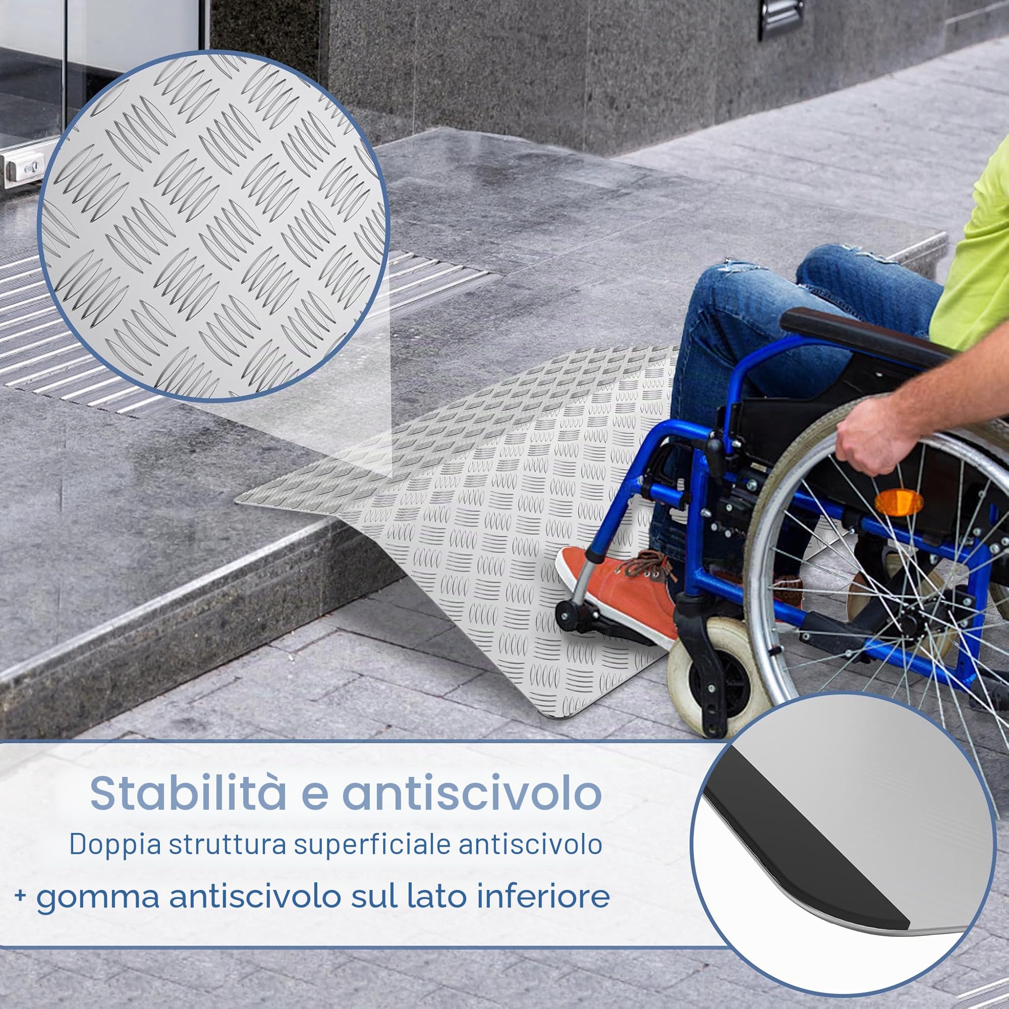 ACXIN Rampa per soglia della porta, rampa per sedia a rotelle, in alluminio, antiscivolo, portatile, con manici, portata 270 kg (80 x 70 x 10 cm)