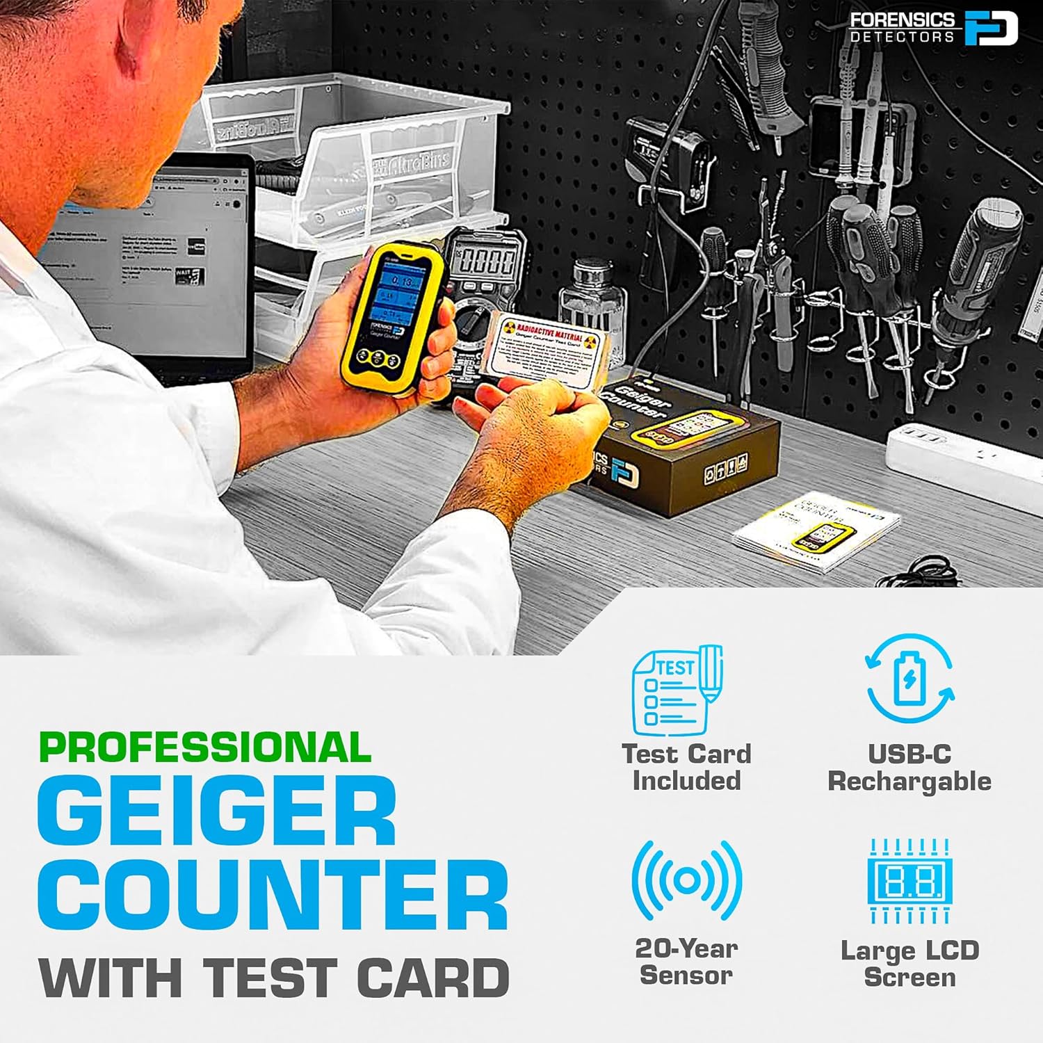 Geiger Counter + Radiation Test Card | Upgraded 20-Year Sensor Life | Radiation Detector | Beta, Gamma, & X-Rays | 10ft Drop Test Pass | Version 2.0 |