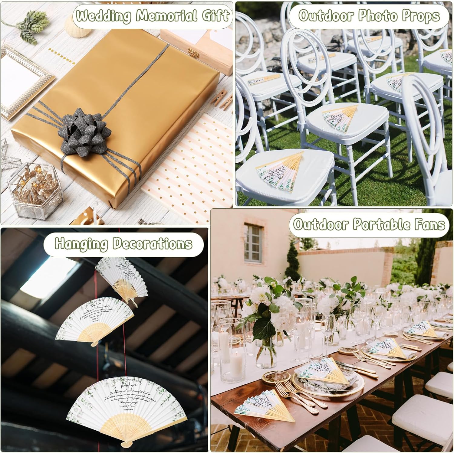Unittype 60 Pcs Folding Hand Fans Bulk for Guests Silk Bamboo Folded Handheld Fans Decorative for Bridal Shower Favors Wedding Party Supplies Family Friends Thank You Gifts(White Green,Wedding)