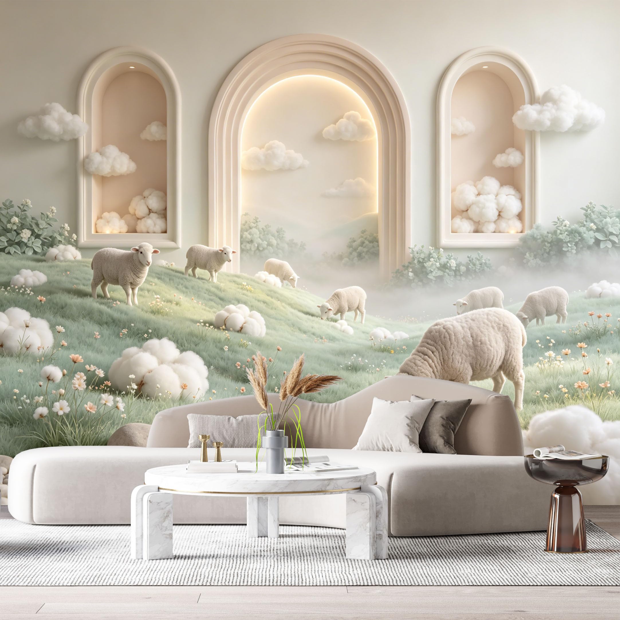 Custom Size Wall Mural Sheep Meadow Archway 3D Trompe L'Oeil SelfAdhesiveWall Fabric Removable Wallpaper Wall Decor for Living Room Bedroom Bathroom