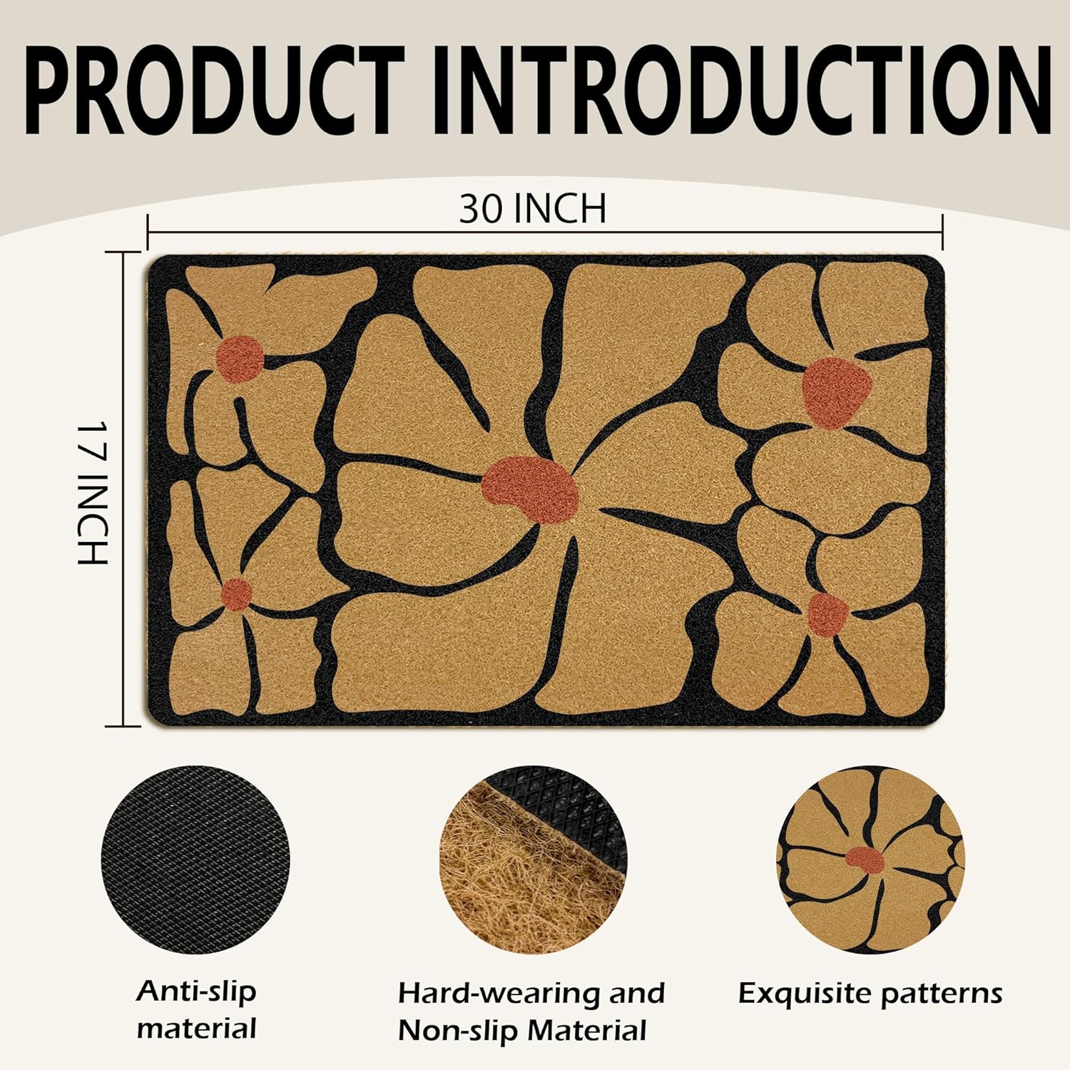 Boho Floral Coir Door Mats Outdoor, Abstract Black and White Floral Front Door Mat Outside Entrance, Boho Doormat Outdoor Indoor Entrance for Home Entryway Decor, 17x30in