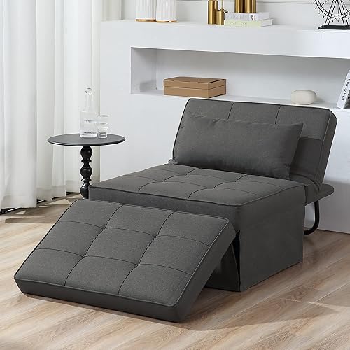 BIGSYY Sofa Bed, 4 in 1 Multi-Function Folding Ottoman Breathable Linen Couch Bed with Adjustable Backrest Modern Convertible Chair for Living Room Apartment Office, Dark Grey