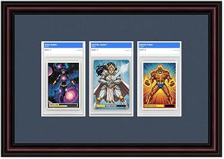 Solid Wood PSA AGS Graded Card Picture Frame - 3-Card (1x3) Executive Brown with Navy Blue Mat - 15.9 x 11.3 Wall Mount Slab Holder Made in the USA