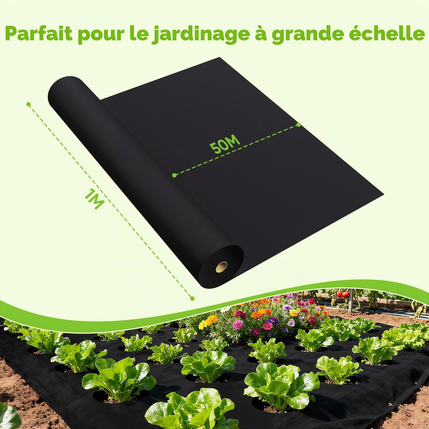 iropro Toile de Paillage 50m X 1 m, 50 m² Geotextile, 100 g/m² Bâche Résistante À La Déchirure Perméable À l'eau, Rouleau de Toile de Paillage, Film Anti Mauvaise Herbe