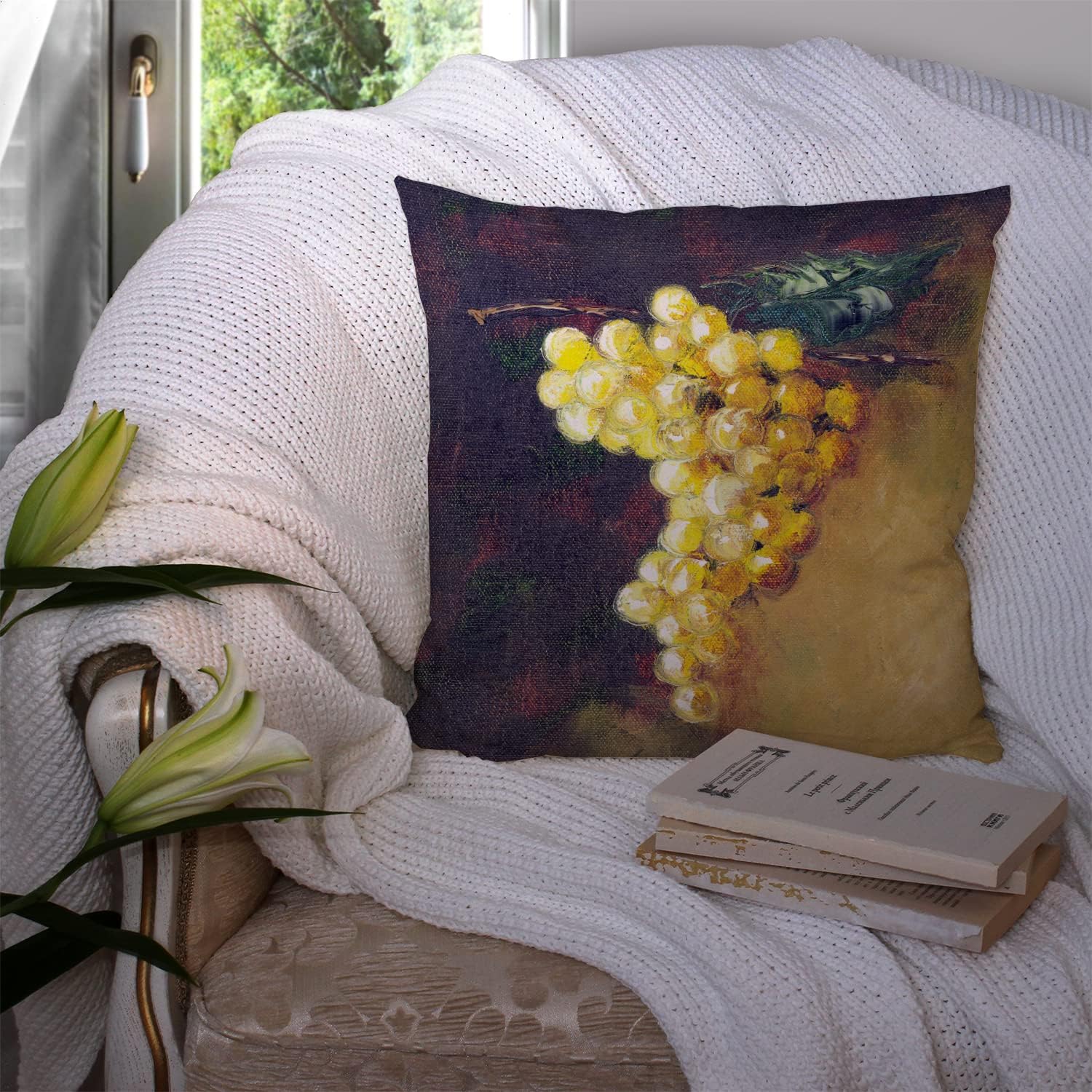 Caroline's Treasures TMTR0152PW1414 New White Grapes by Malenda Trick Fabric Decorative Pillow Machine Washable, Indoor Outdoor Decorative Pillow for Couch, Bed or Patio, 14Hx14W