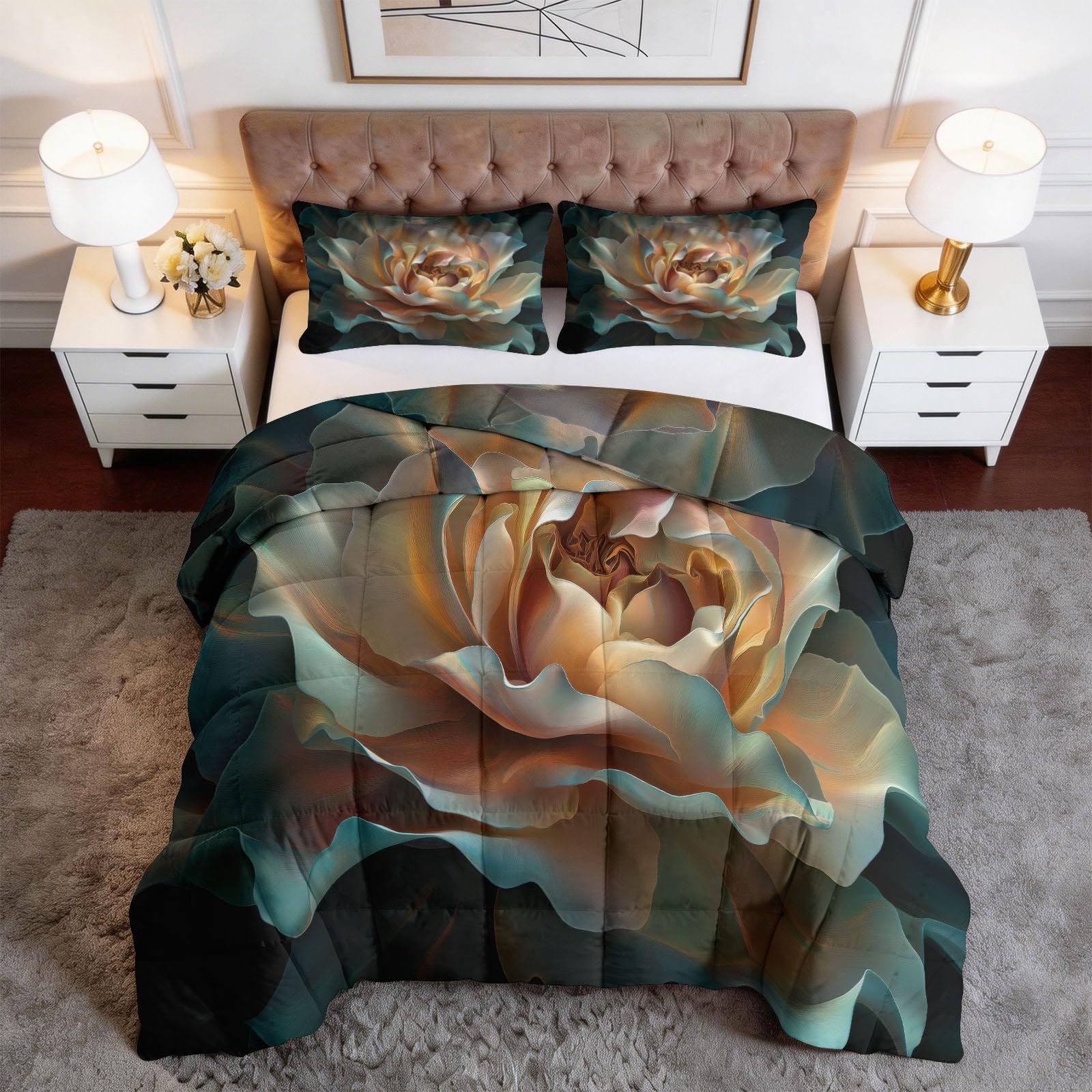 Piumino 4 Stagioni 150x200 cm Rosa Astratta Trapunta Copriletto Imbottito Leggero in Microfibra Soffice, Trapuntino Stampa Reversibile Estate e Inverno