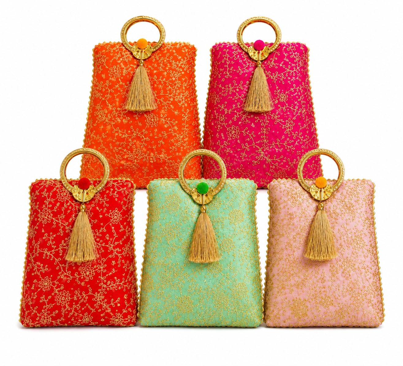 Women's Ethnic Potli Bags Pack of 5 | Embroidered Silk Clutch Purse with Golden Ring Handle & Tassel | Designer Handbags for Wedding, Bridal, Party, Festive, Diwali, Rakhi & Traditional Outfits-image-20