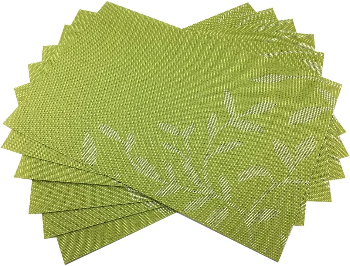 Place Mats PVC Set of 6, Table Placemats Set of 6 PVC Woven Vinyl Place Mats Table Mats Natural Color (6 pcs, Green Leaves)