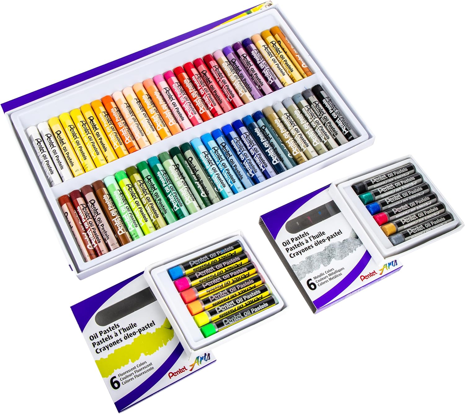 Pentel Arts Oil Pastels - 50 Color Set with Metallic and Fluorescent Packs, 3pk Set