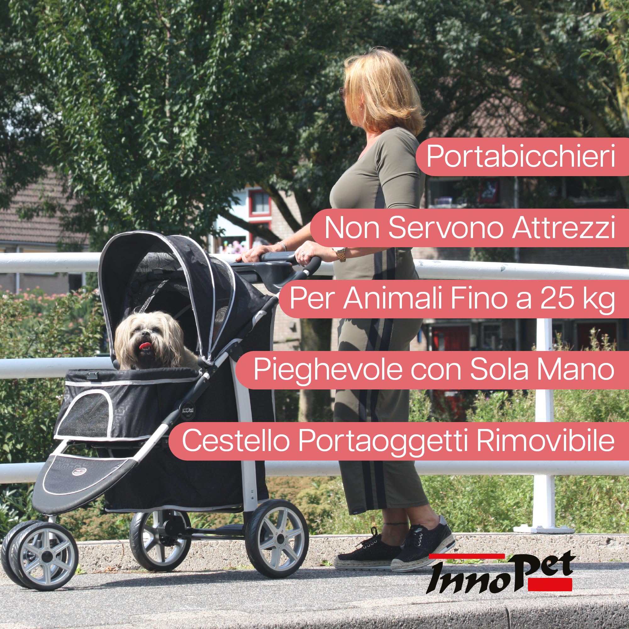 Innopet Monaco Passeggino per cani e gatti nero con copertura antipioggia, capacità 25 kg, pieghevole con una sola mano - Cestino portaoggetti convertibile - Cuscino double face
