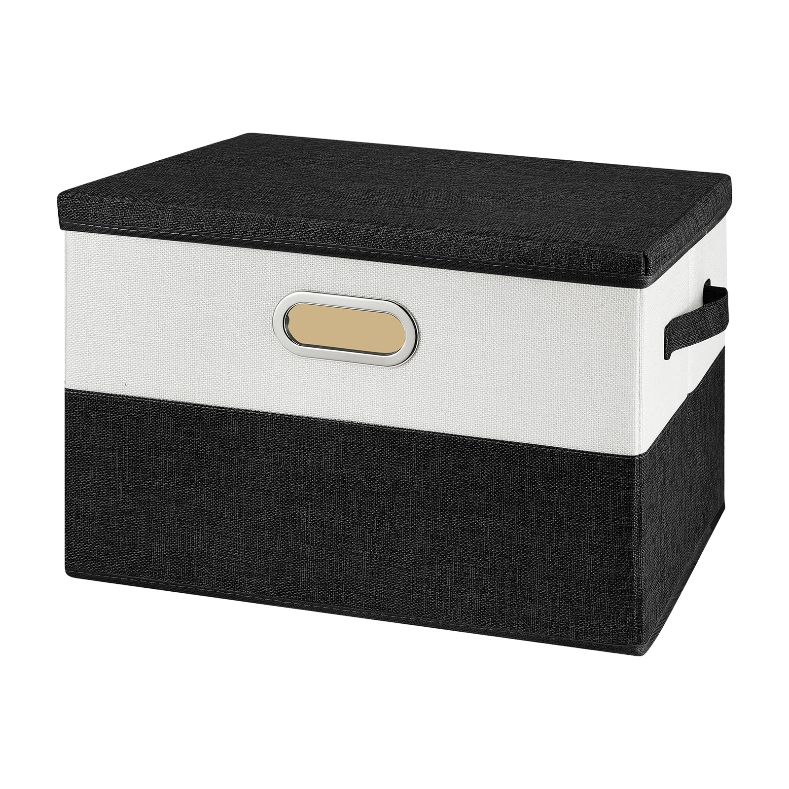 Contenedores grandes de tela de lino plegables con tapa y asas extraíbles, caja de almacenamiento lavable, cesta organizadora con cubierta para dormitorio, armario, oficina (blanco y negro,