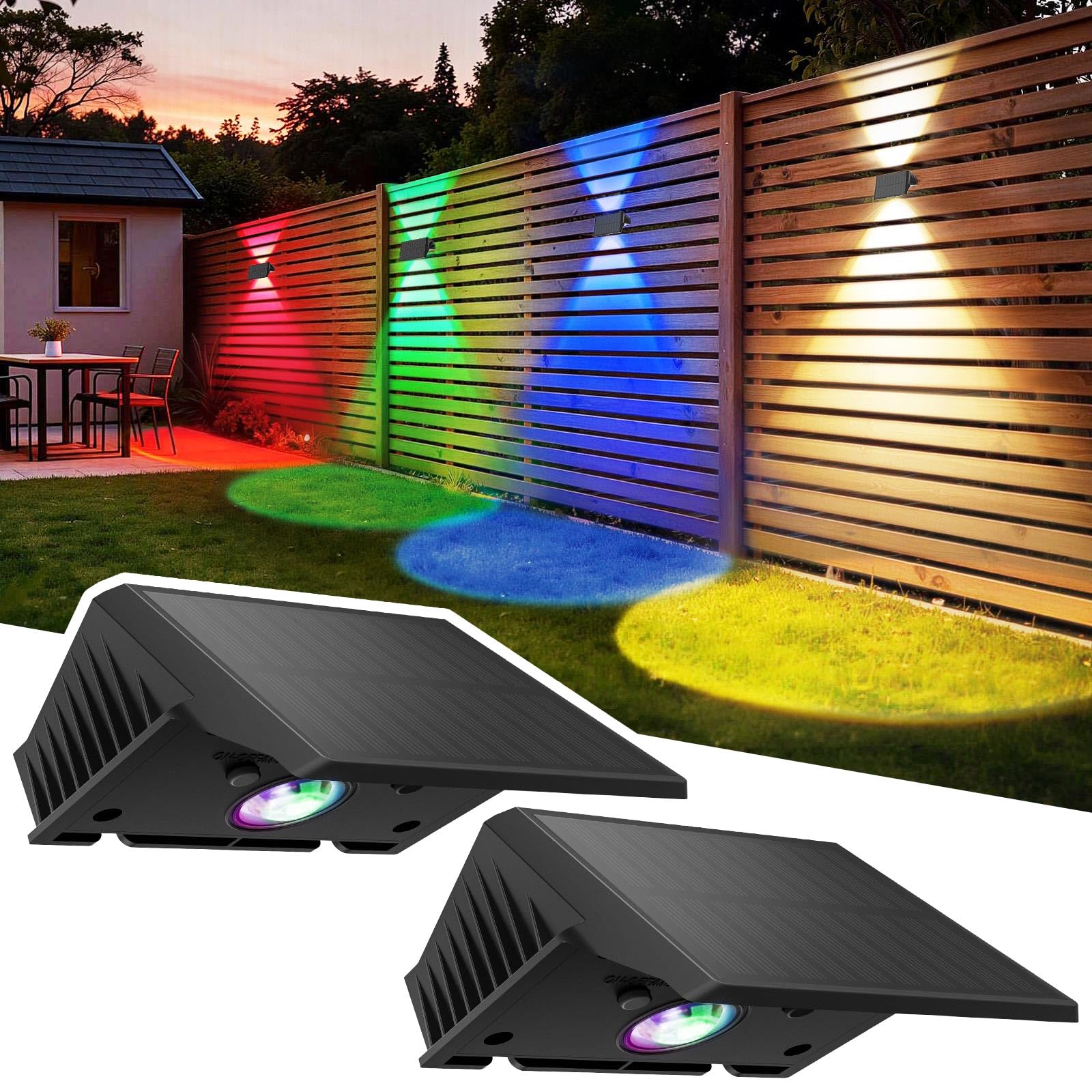 Delaiglow Solar Fence Lights Outdoor - 2 Pack RGB Solar Wall Lights with 5 Colour Modes, IP67 Waterproof, 3 Light Direction Modes for Garden, Fence & Patio