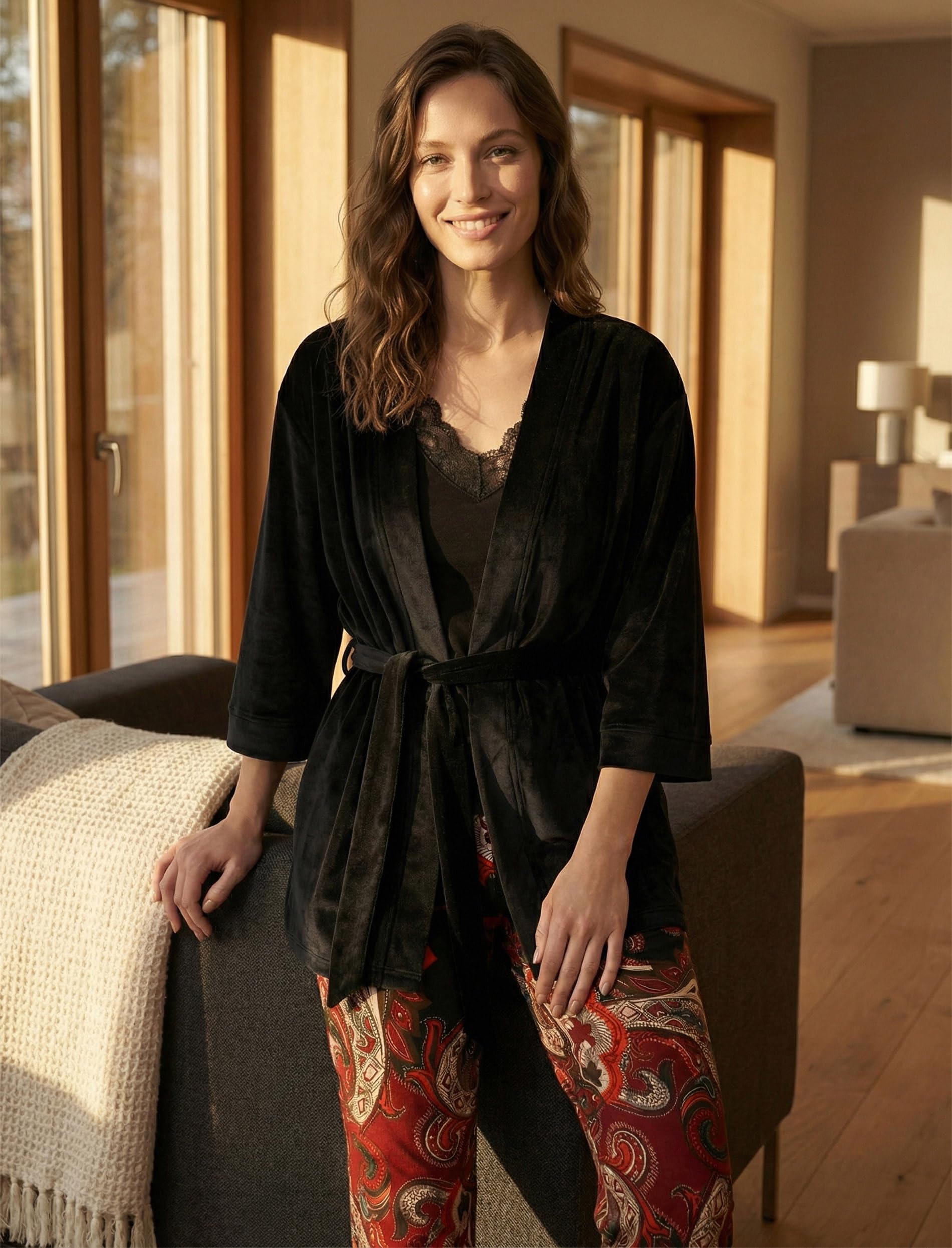 VIVISENCE - Pijama de tres piezas para mujer, con albornoz suave y cómodo