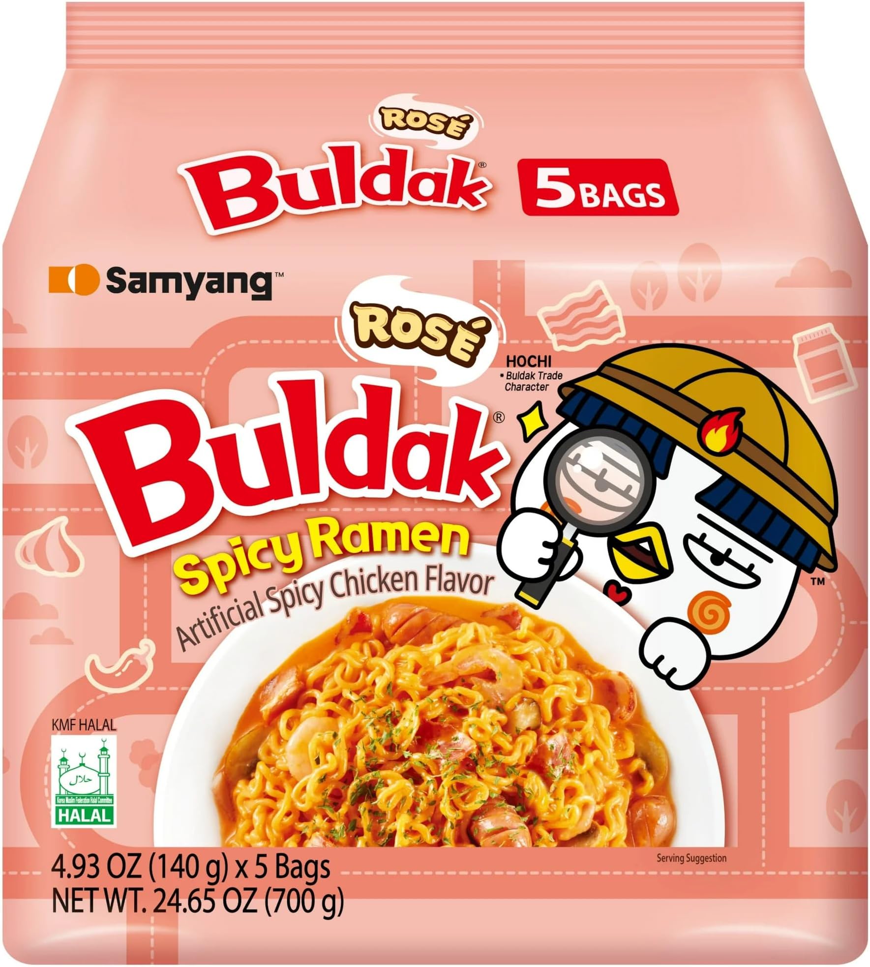 Samyang Rose Buldak Spicy Ramen Noodle, Artificial Spicy Chicken Flavor, 4.93oz x 5 Bags, Asin Noodles 24.65 oz (700g)