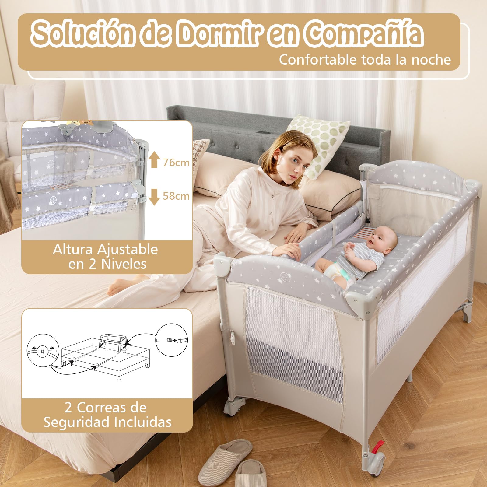 RELAX4LIFE 5 en 1 Cuna Infantil Bebe con 2 Ruedas Bloqueables, Cambiador, Correa Fijación, Caja de Música y 3 Juguetes Colgantes, Cuna con Colchón y Bolsa de Transporte para Bebés 0-36 Meses (Beige)
