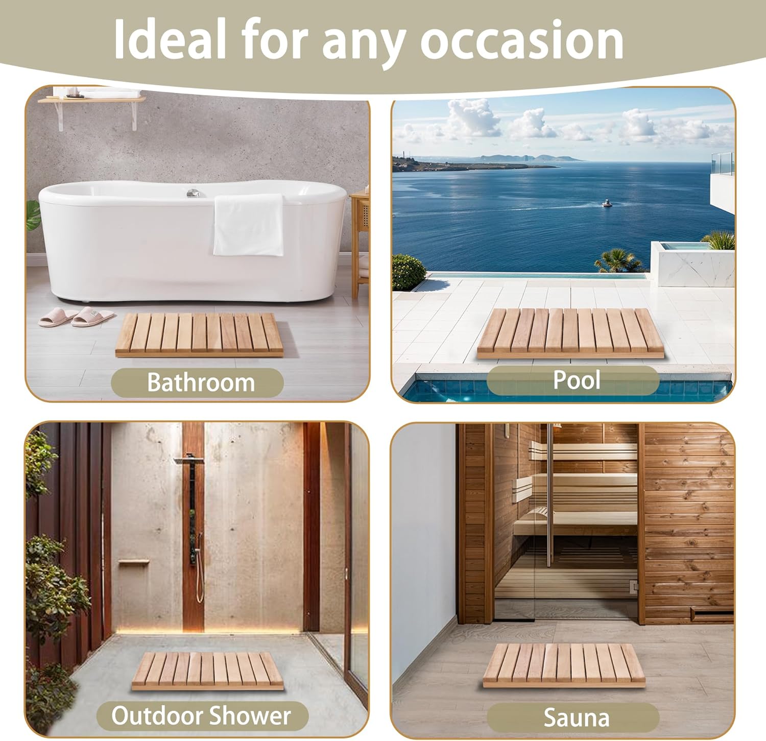 bingaai Cedar Wood Bath Mat 21"×21" Square, Cedar Wooden Bath Mats, Wood Shower Stall Mat Non-Slip for Bathroom Bathtub Spa Sauna Garden Home, Wooden Floor Mat Small for Indoor and Outdoor
