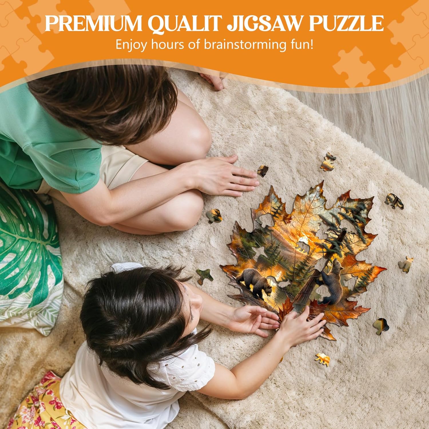Wooden Puzzles for Adults, Brown Bear Autumn Maple Leaf Wooden Jigsaw Puzzle, Unique Animal Shaped Wood Puzzles Adult,Creative Gifts for Friends/Family/Puzzle Lovers,Home Decor(M-11.4 * 10.6in 155pcs)
