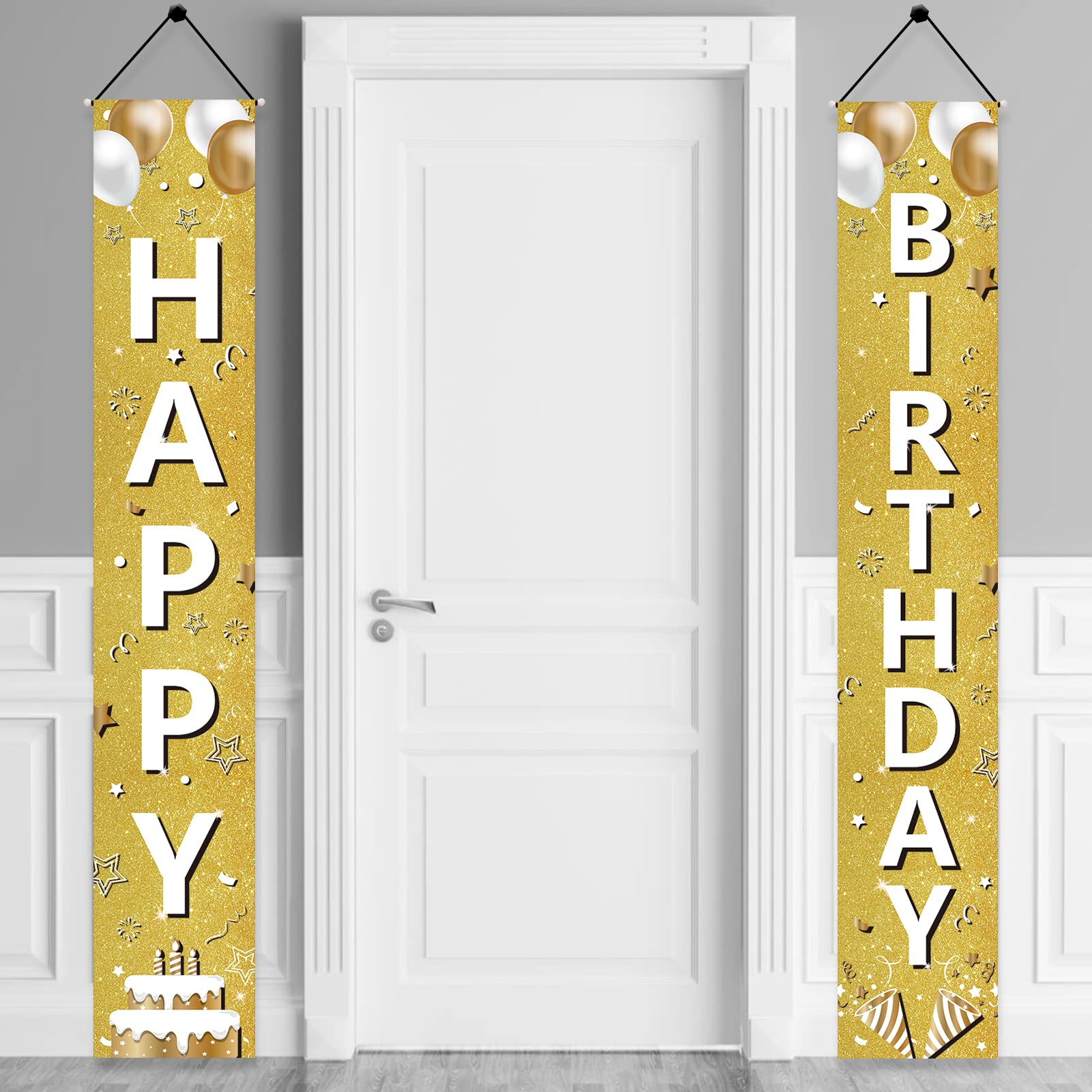 Gold White Happy Birthday Door Banner Decorations for Women Men, Golden Happy Birthday Porch Sign Party Decoration, White Gold 10th 16th 21st 30th 40th 50th 60th Bday for Outdoor Indoor