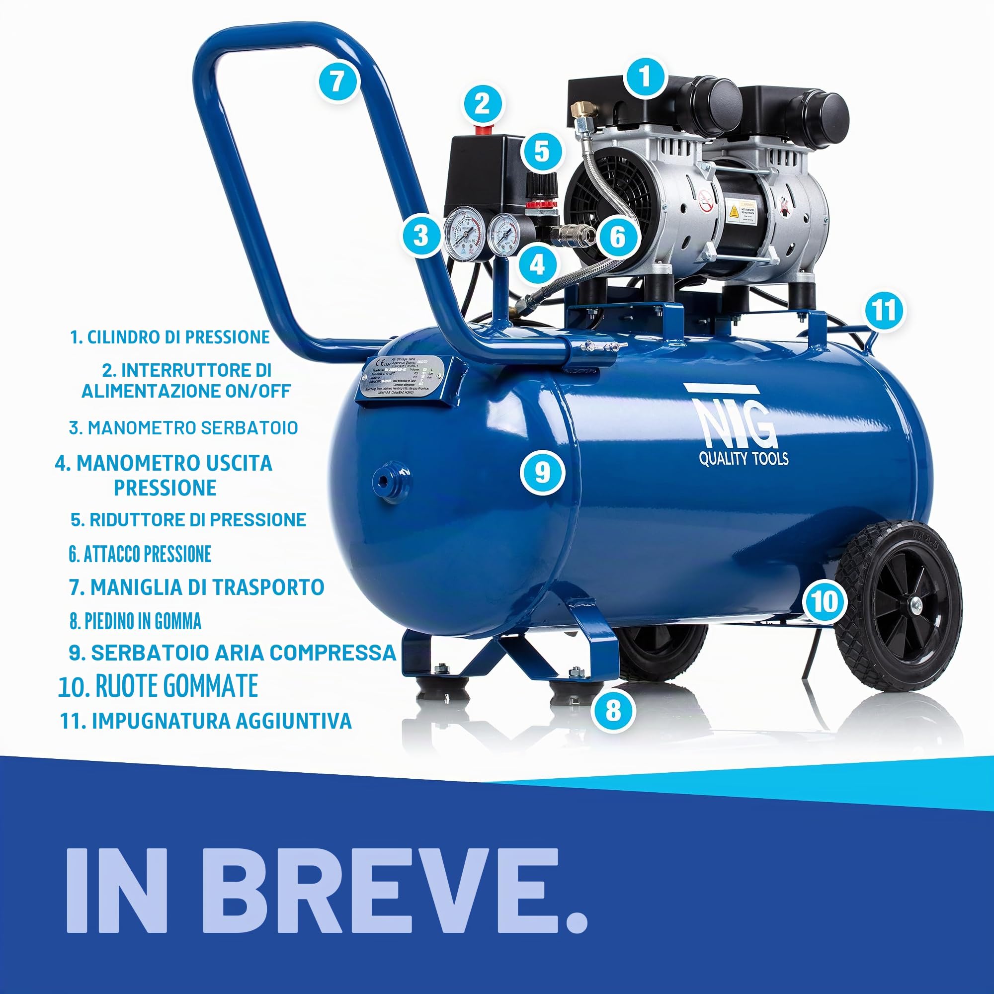 Compressore silenzioso NTG 9 bar | Serbatoio da 50 l | Potenza 1470 W | Senza olio | versatile con manometro e regolatore di pressione Serbatoio da 50 l (compressore con starter kit)