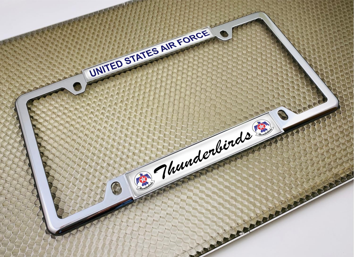 [Officially Licensed U.S. Air Force Product] - USAF Thunderbirds - Domed Custom-Made Personalized Narrow (Thin) Top 4 Hole Metal Car License Plate Frame with Free caps - Chrome (Qty: 1 Frame)