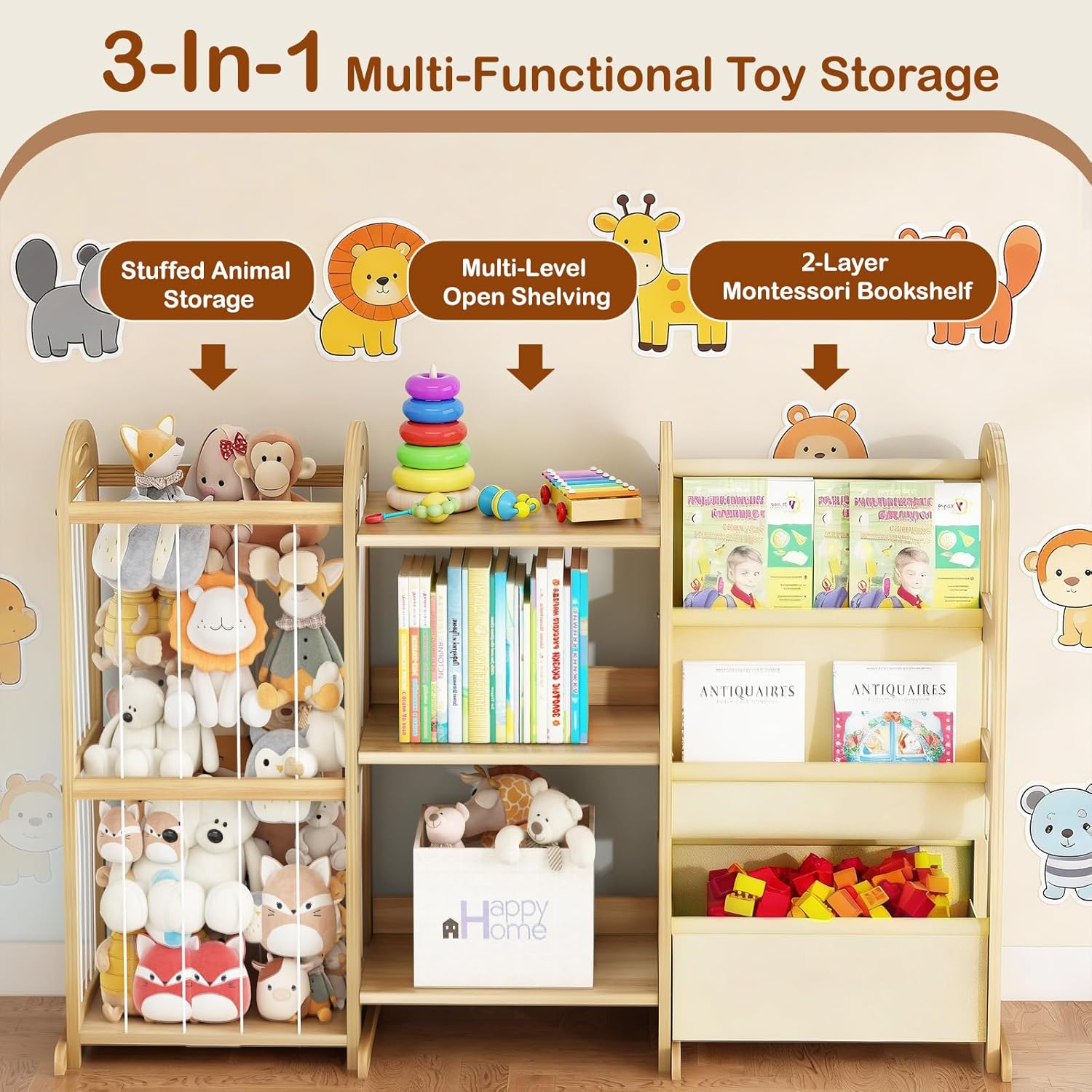 Kids Bookshelf and Toy Storage Organizer, 3-Tier Book Shelf with Stuffed Animal Storage, Kids Toy Book Storage for Bedroom Playroom, Wooden Toy Organizer with 3 Shelves, 49.4" W