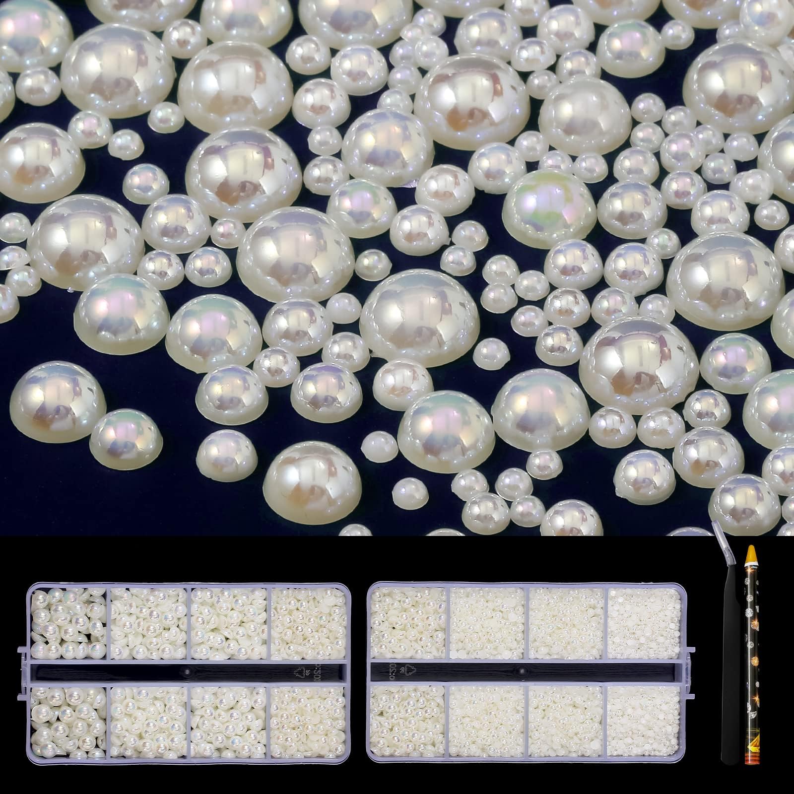 6540PCS Off-White AB Resin Flat Back Pearls Rhinestones,Mixed Size 2/3/4/5/6/8/10mm Half Round Pearl Beads Nail Gems Rhinestone with Tweezers and Picker Pencil for Crafts Nail DIY Decoration