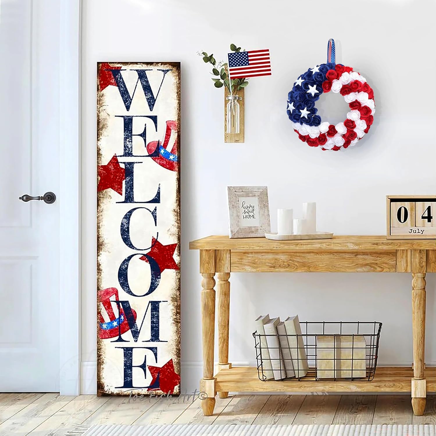 Silk Roses 4th of July Wreath, Red White Blue Patriotic Wreaths for Front Door, Memorial & Independence Day Decorations, Americana Decor for Front Porch Wall Window Indoor Outdoor (13”)