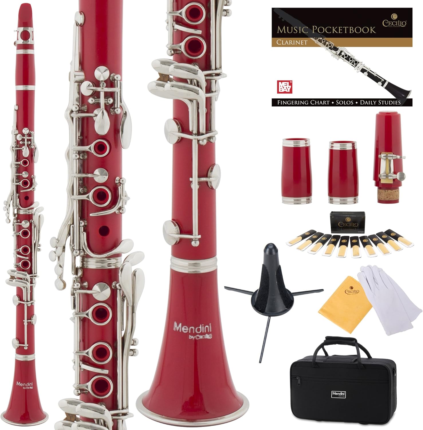 Mendini by Cecilio B Flat Clarinet for Beginner, Ebonite Bb Clarinet with 2 Replaceable Barrels, 10 Reeds, Stand, Pocketbook, Mouthpiece, Hard Case, Gloves (Red)
