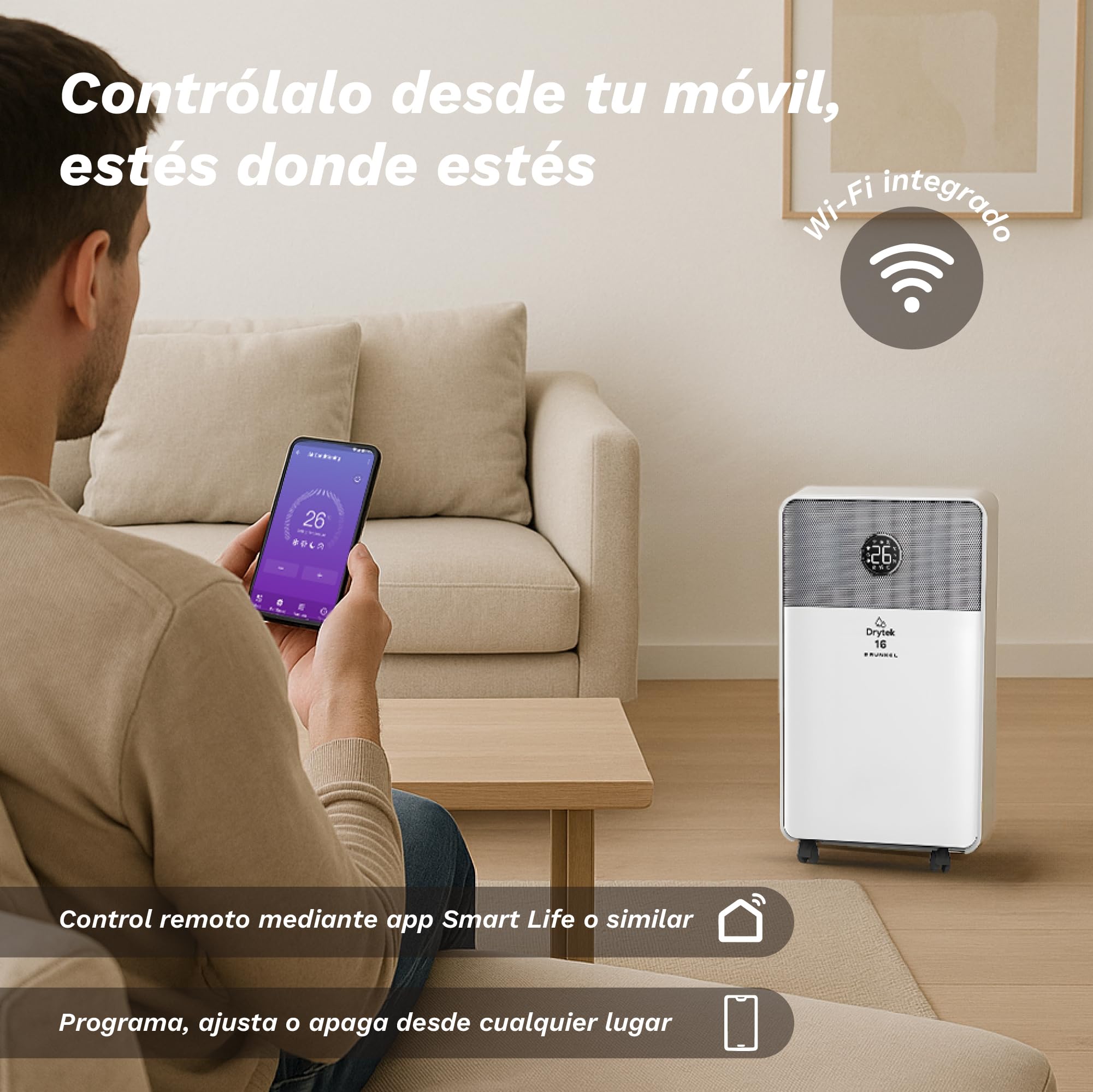 Grunkel Drytek Deshumidificador portátil 10L/día con WiFi y app, drenaje continuo, panel táctil, 100m³/h, depósito 2L, 240W bajo consumo, silencioso 42dB y temporizador 24h (16L/día)