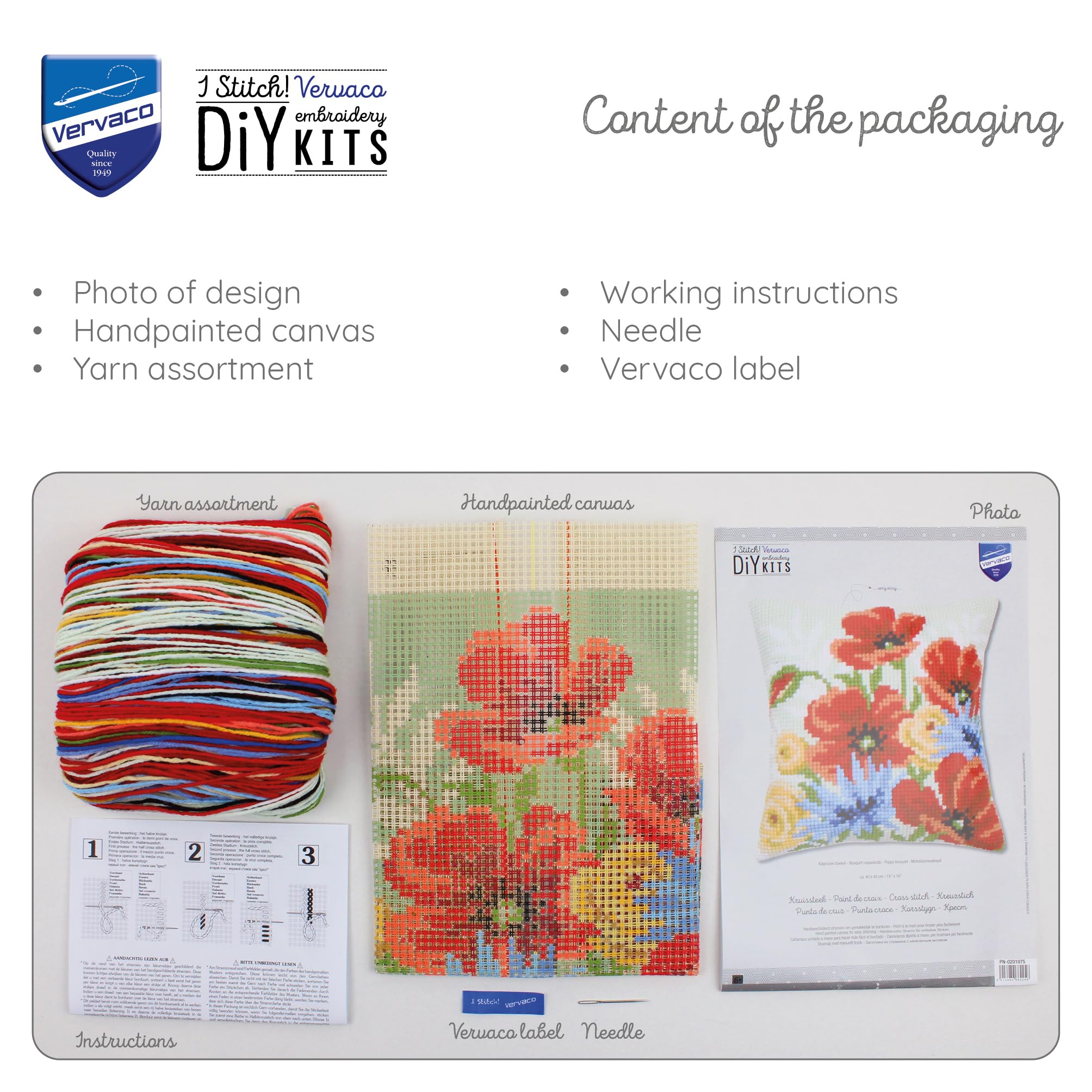 VERVACO Zestaw do Haftu Krzyżykowego Poduszka BUKIET MAKÓW Kanwa z Nadrukiem 40 x 40 cm Gruba Włóczka Akrylowa Zrób to Sam Dekoracja Domu DIY Cross Stitch Kit