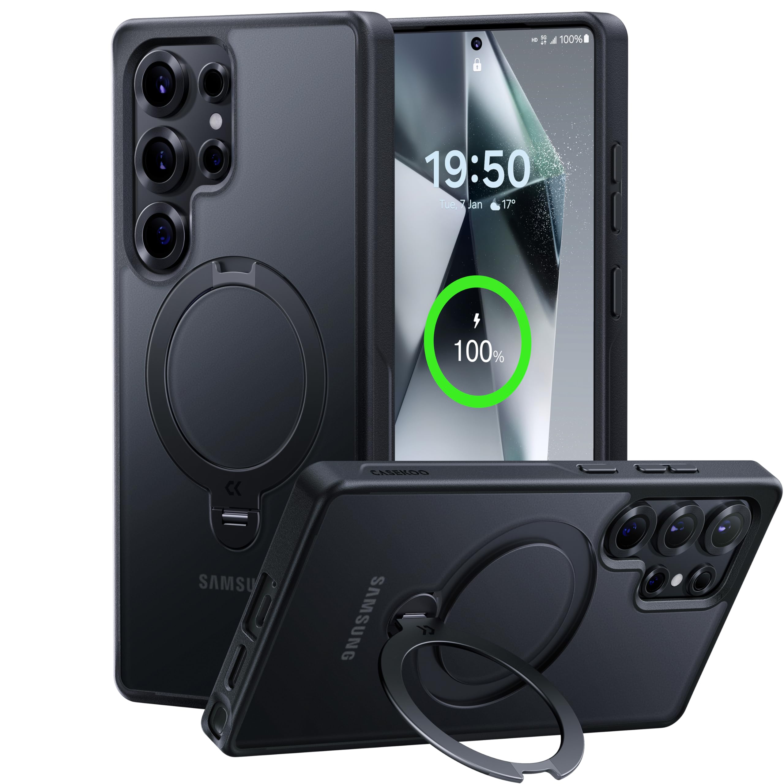 CASEKOO Black for Samsung Galaxy S25 Ultra Case with 360 Spin Magnetic Stand [Fit for MagSafe] [18FT MIL-STD Protection] Shockproof Invisible Ring Holder Matte s25 Ultra Phone Case 6.9'' | Patented, 360° Spin, Magnetic Stand, Matte Translucent