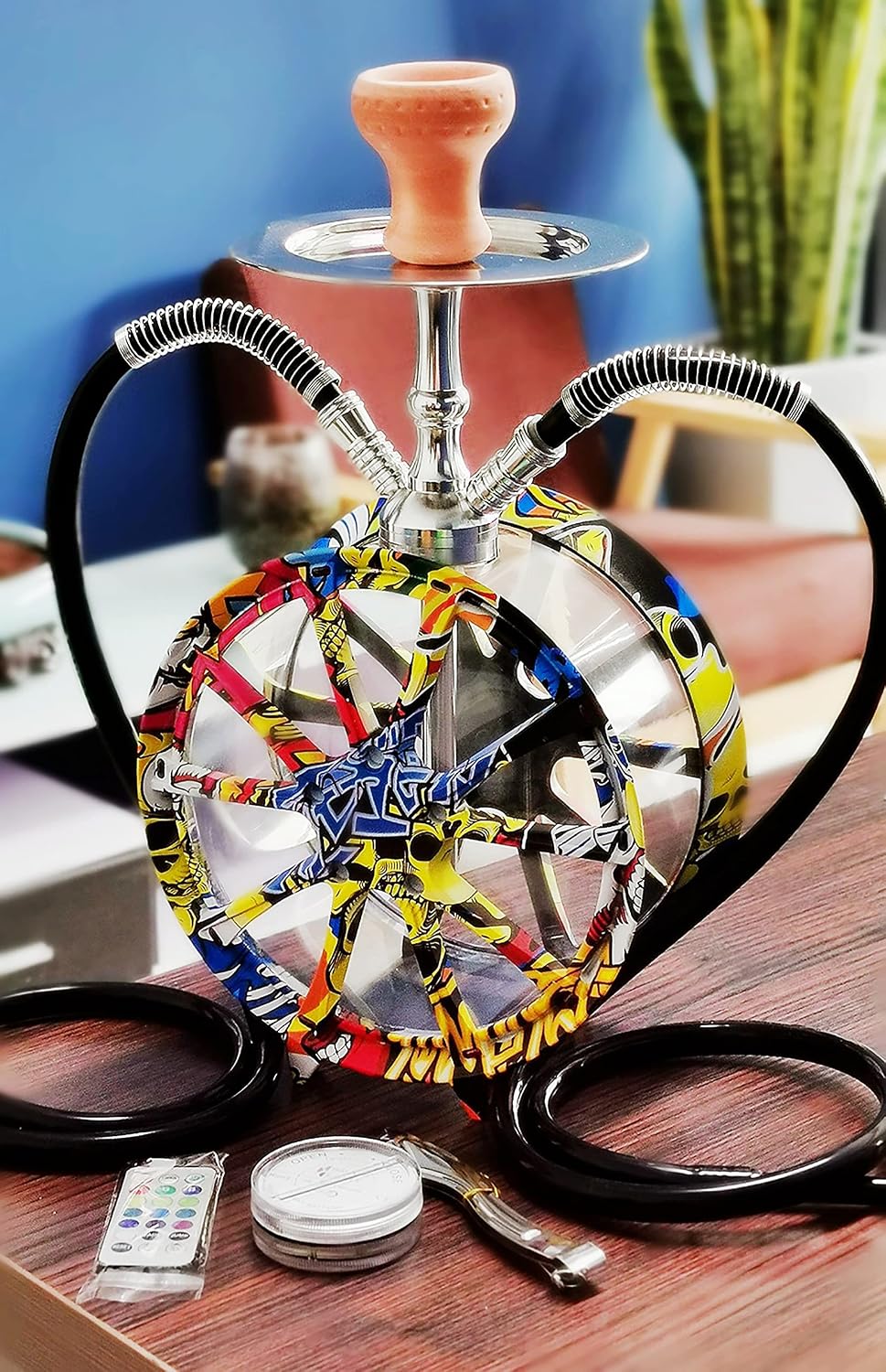 NEW Hookah Jug , Double Tube Large Hookah, Acrylic Wheel Type Hookah (Yellow)