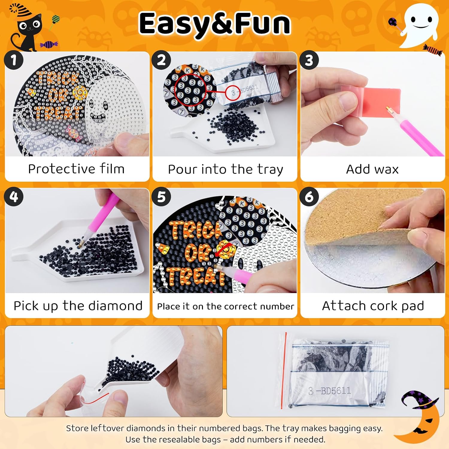 Halloween Diamond Art Coaster Kit with Holder, 8PCS Spooky Diamond Painting