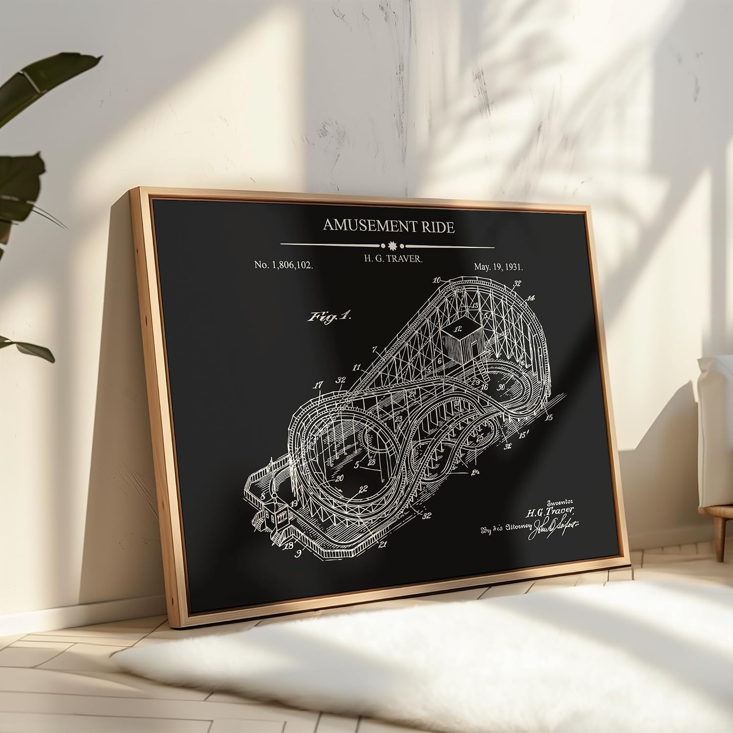 Poster Master Amusement Ride Blueprint Poster - Roller Coaster Patent Print - Theme Park Art - Roller Coaster & Thrill Ride Design - Carnival Artwork - Office or Kids Room Decor - 8x10 UNFRAMED