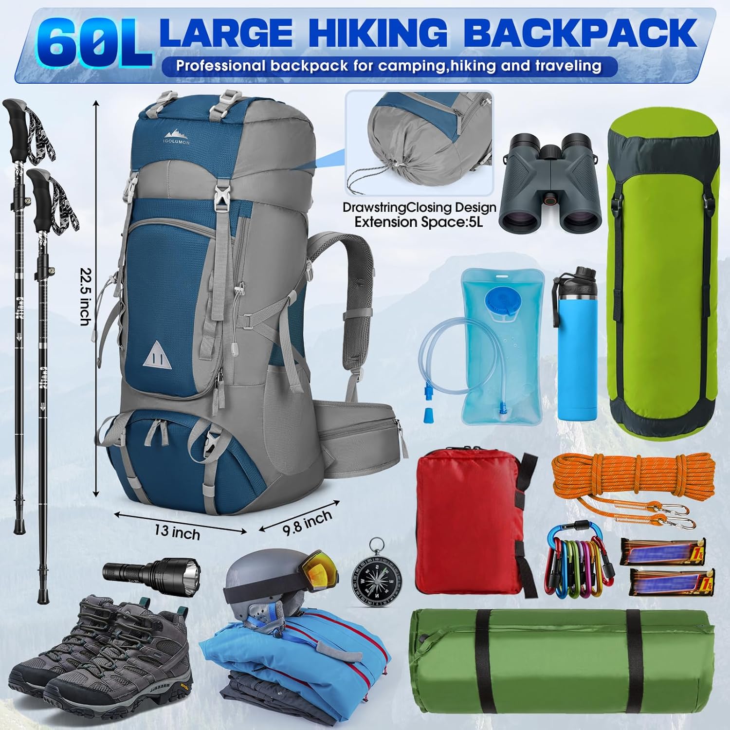 IGOLUMON 60L Hiking Backpack Waterproof Camping Backpack with Rain Cover Large Lightweight Backpacking Backpack for Men Women - Image 2