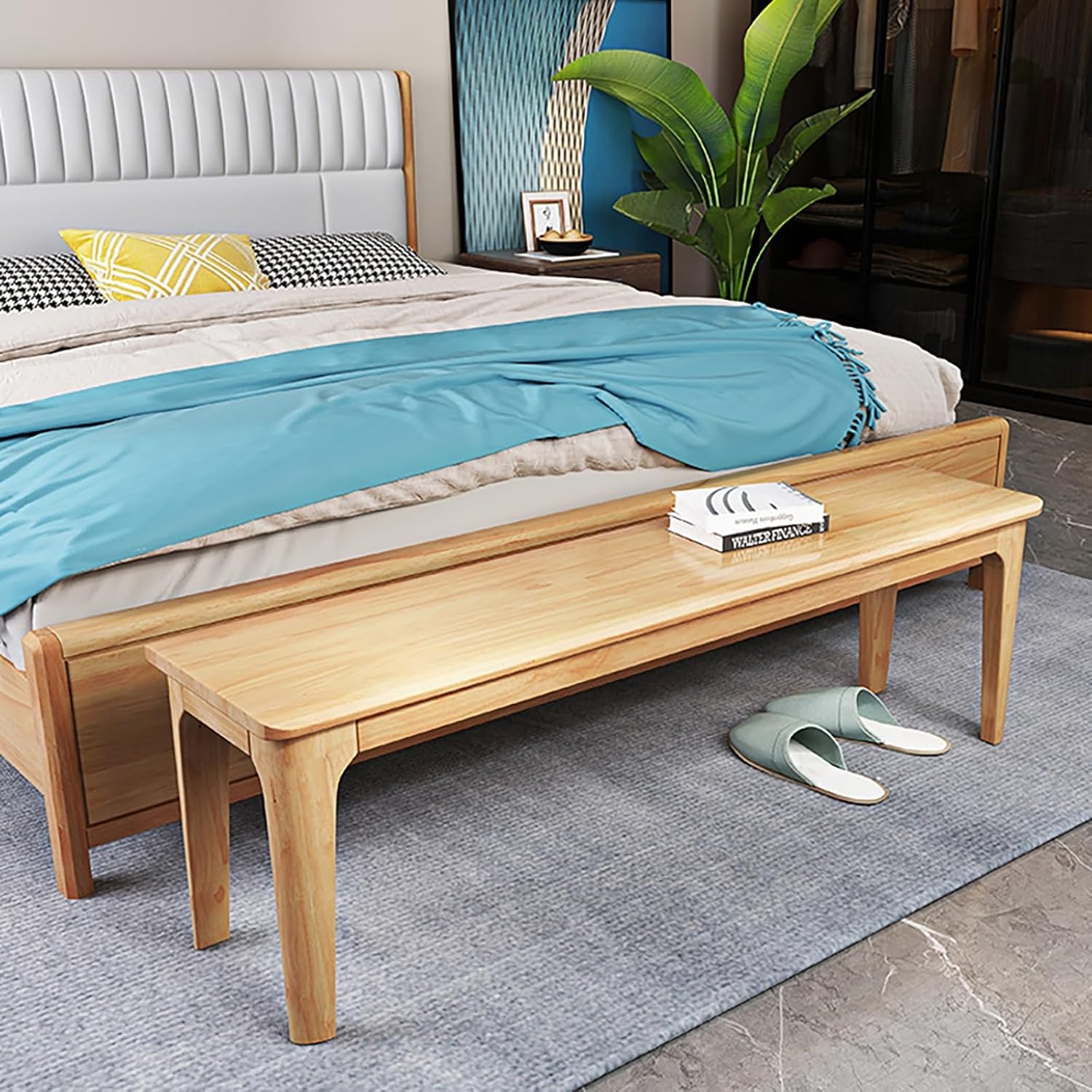 Dining Table Bench, 100% Solid Rubber Wood Long Storage Bench, Solid Wood Entryway Bench with Solid Wood Leg, for Kitchen, Dining Room, Living Room(White,150cm/59in)