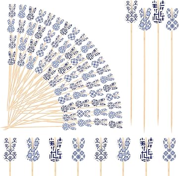 160 Pcs Chinoiserie Blue and White Cocktail Picks Rabbit Bamboo Toothpicks for Appetizers Charcuterie Skewers Cupcake Birthday Wedding Baby Shower Party Decoration