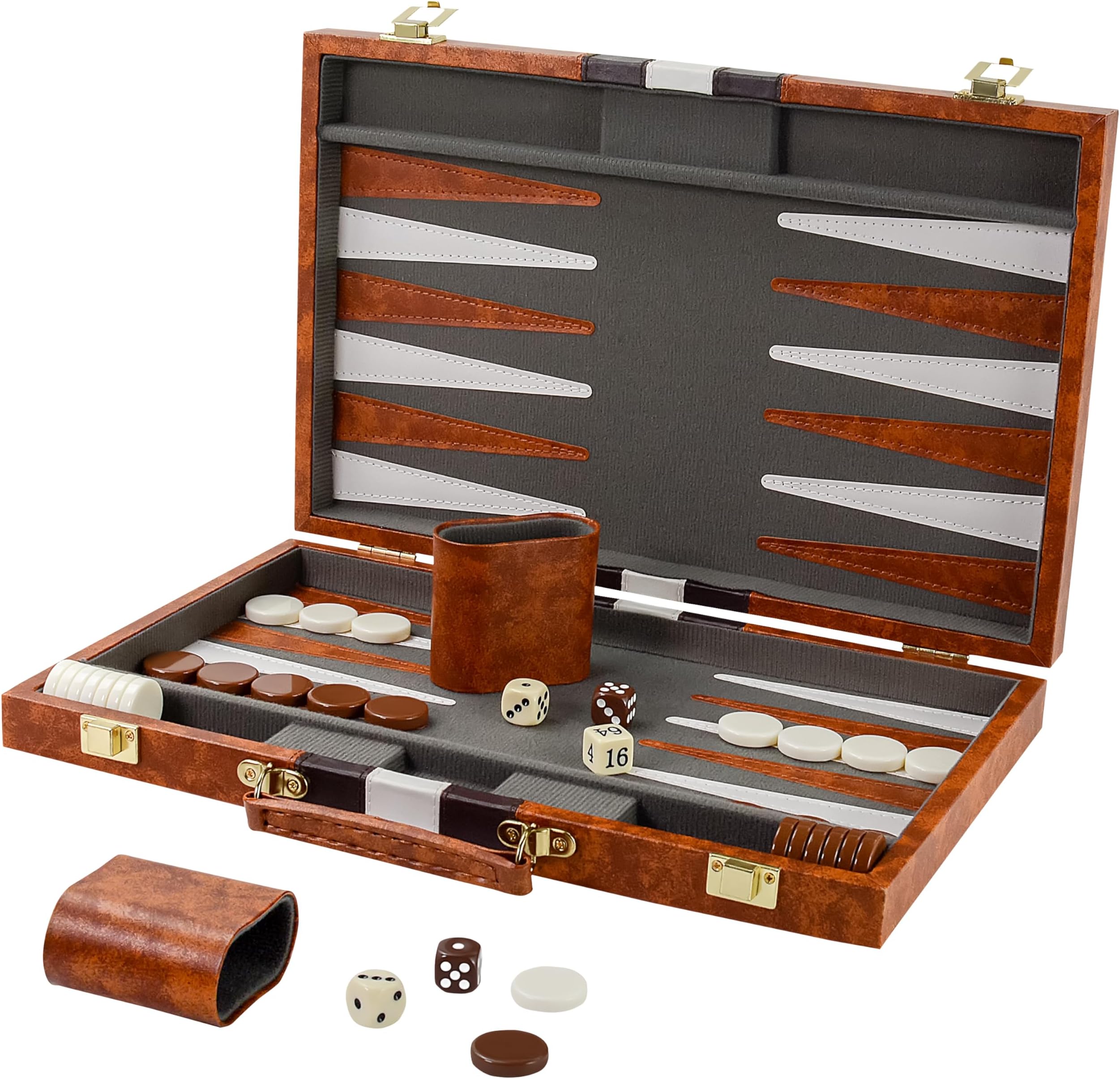 15 Inch Travel Backgammon Set for Adults, Classic Board Game with Premium PU Leather Case, Portable Strategy Backgammon Game Set, Brown