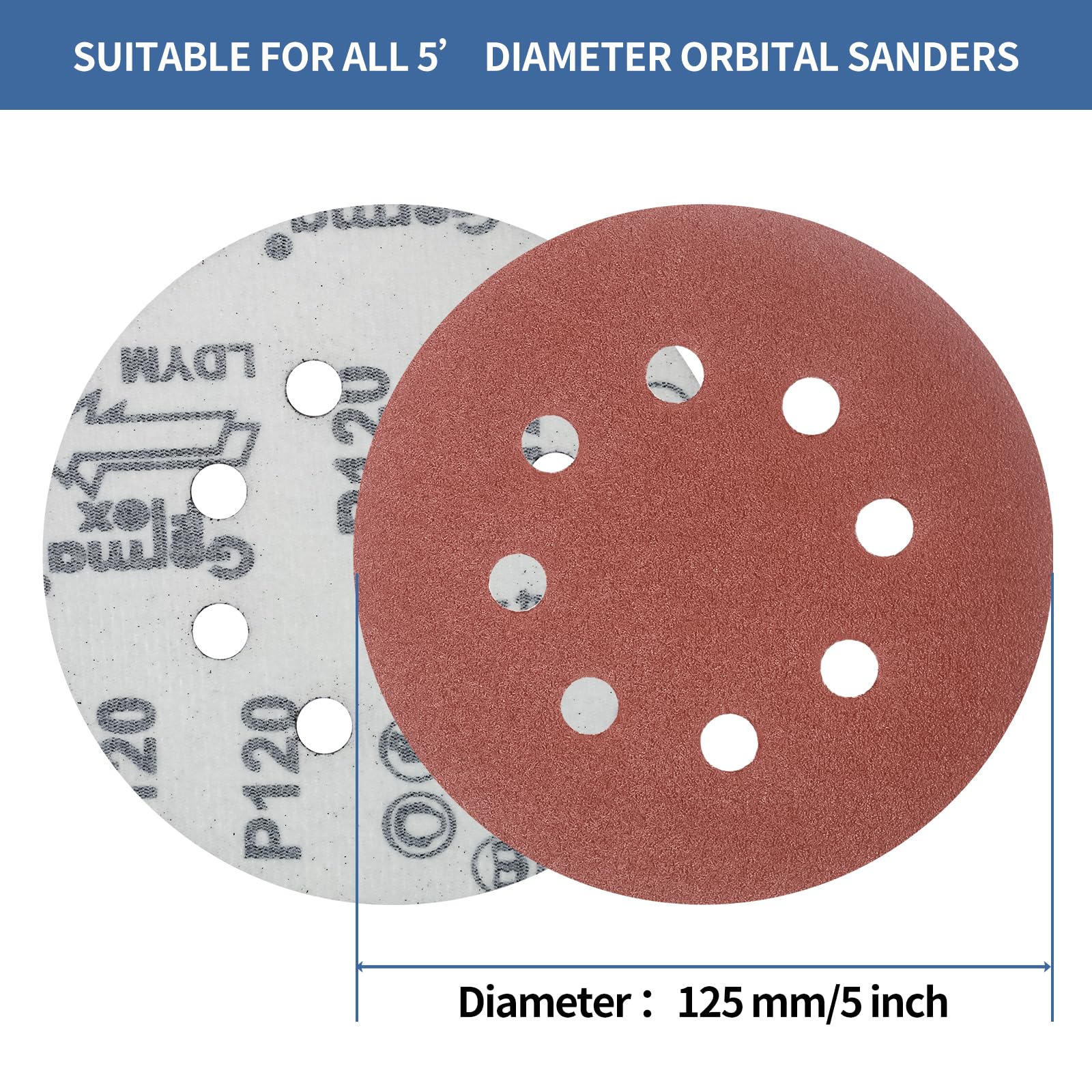 FEIHU 125mm Sanding Discs 50Pcs Orbital Sander Discs Hook and Loop Sanding Pads for Random Orbital Sander 120 Grits Sanding Discs - Image 2