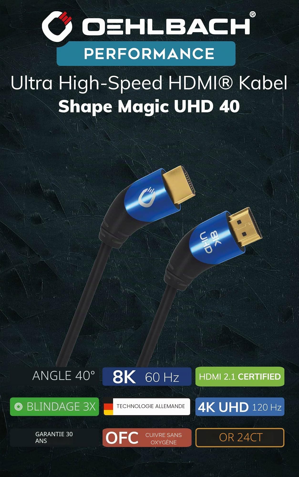 Oehlbach Shape Magic 40-8K Câble HDMI 2.1 ultra haute vitesse – Certifié 48 Gbps (fiche coudée à 40 °, triple blindage OFC en cuivre monté), noir, 3 m