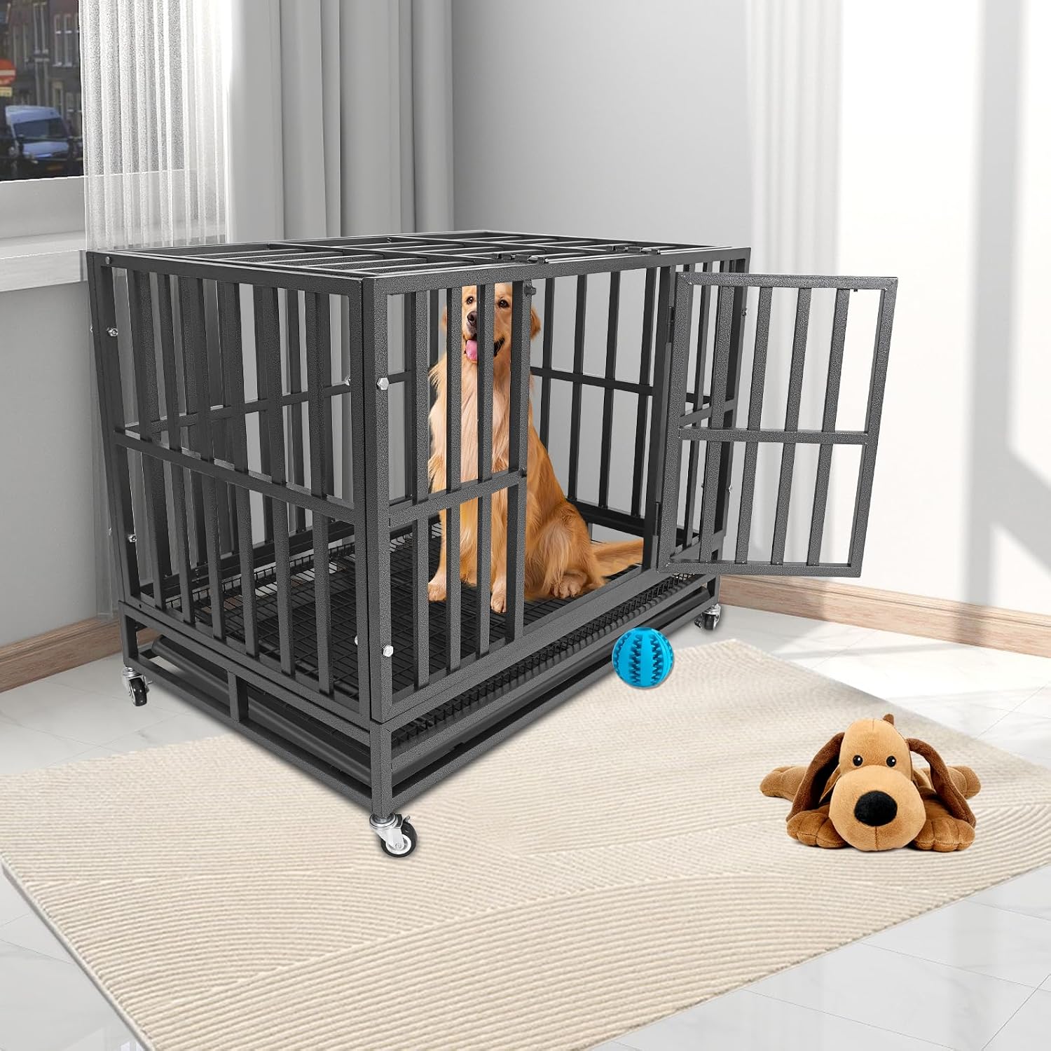 38 INCH Heavy Duty Stainless Iron Dog Crate Pet Cage Kennel Indoor Outdoor Pet Kennel with 2 Doors, Solid-Out Tray, Lockable Wheels for Medium/Large-Breed Dogs