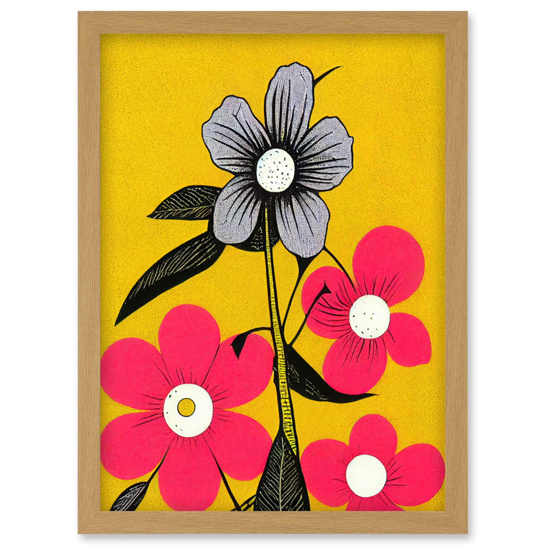 Wee Blue Coo Bold Flowers Linocut Pink and Mustard Yellow Print Artwork Framed Wall Art Print A4