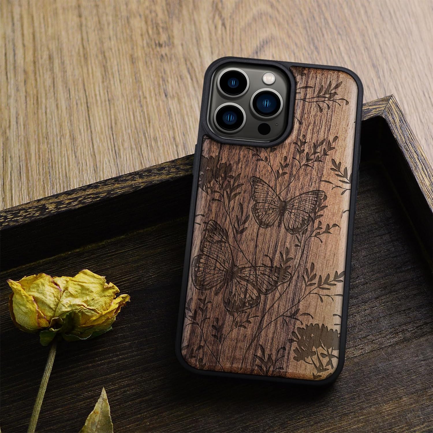 Carveit Magnetic Wood Case for iPhone 14 Pro Max [Natural Wood & Black Soft TPU] Shockproof Protective Cover Unique Wooden Case Compatible with magsafe (A Dance of Butterflies -Walnut)