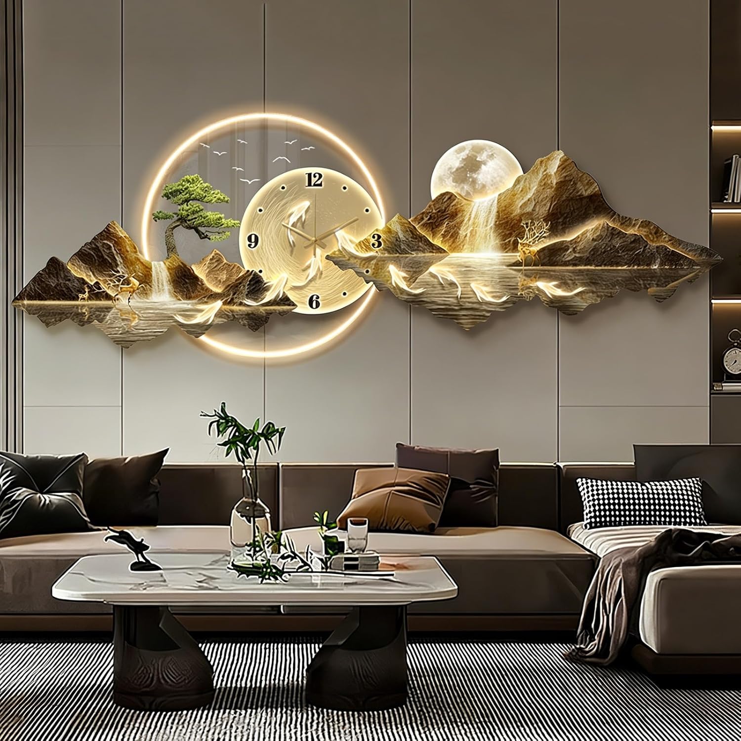 HARELA Wall Art Clock Decor with LED Light, Silent Decorative Wall Clocks for Living Room, House Decor Bedroom, Kitchen(Brown A,40x120cm/15.7x47.2in)