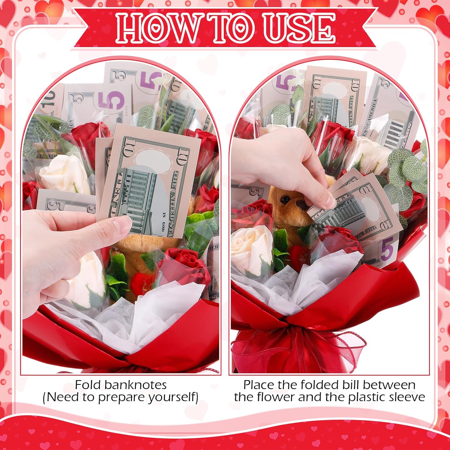 Money Soap Flower Bouquet Kit, Handcrafted Soap Flower Money Bouquet Kit with Bear and Gift Bag, Unique Wedding, Birthday, Anniversary and Bridal Shower Gift(Classic Style,Wine Red) - Image 4